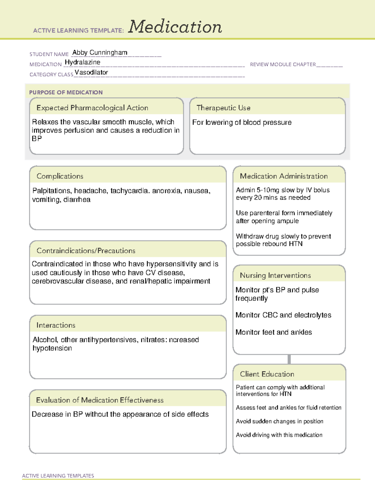 Hydralazine - Medication Template - ACTIVE LEARNING TEMPLATES ...