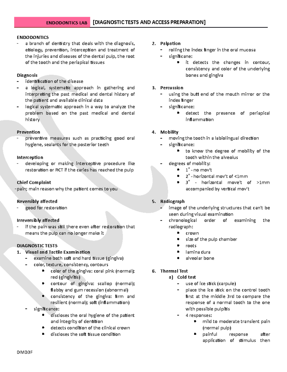 Endodontics Diagnostic Tests and Access Preparation ENDODONTICS LAB [DIAGNOSTIC TESTS AND