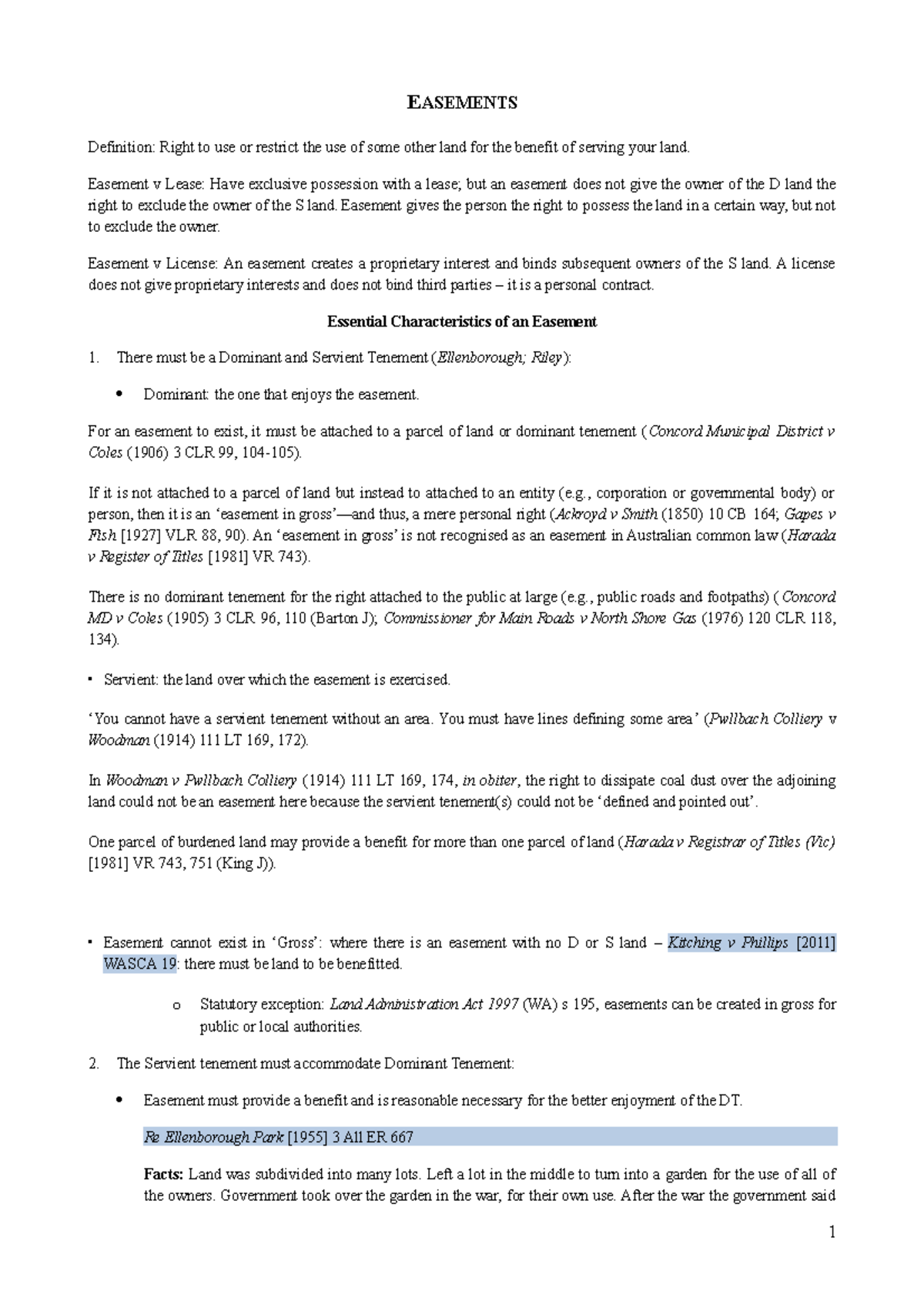 Easements Notes - Summary Property Law B - EASEMENTS Definition: Right ...