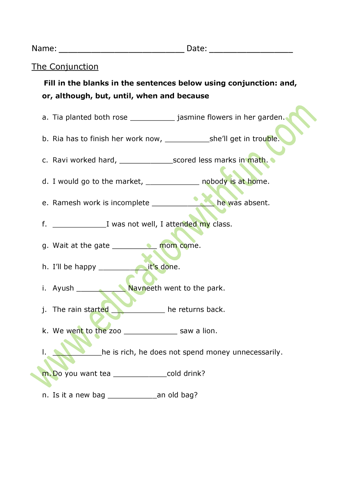 The Conjunction Worksheet 1 - Name: ___________________________ Date ...