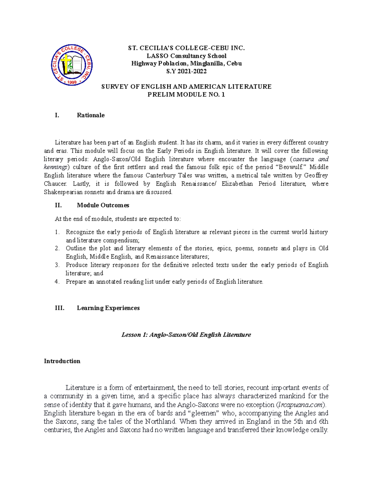 Module 1 BRIT-AM - ST. CECILIA’S COLLEGE-CEBU INC. LASSO Consultancy ...