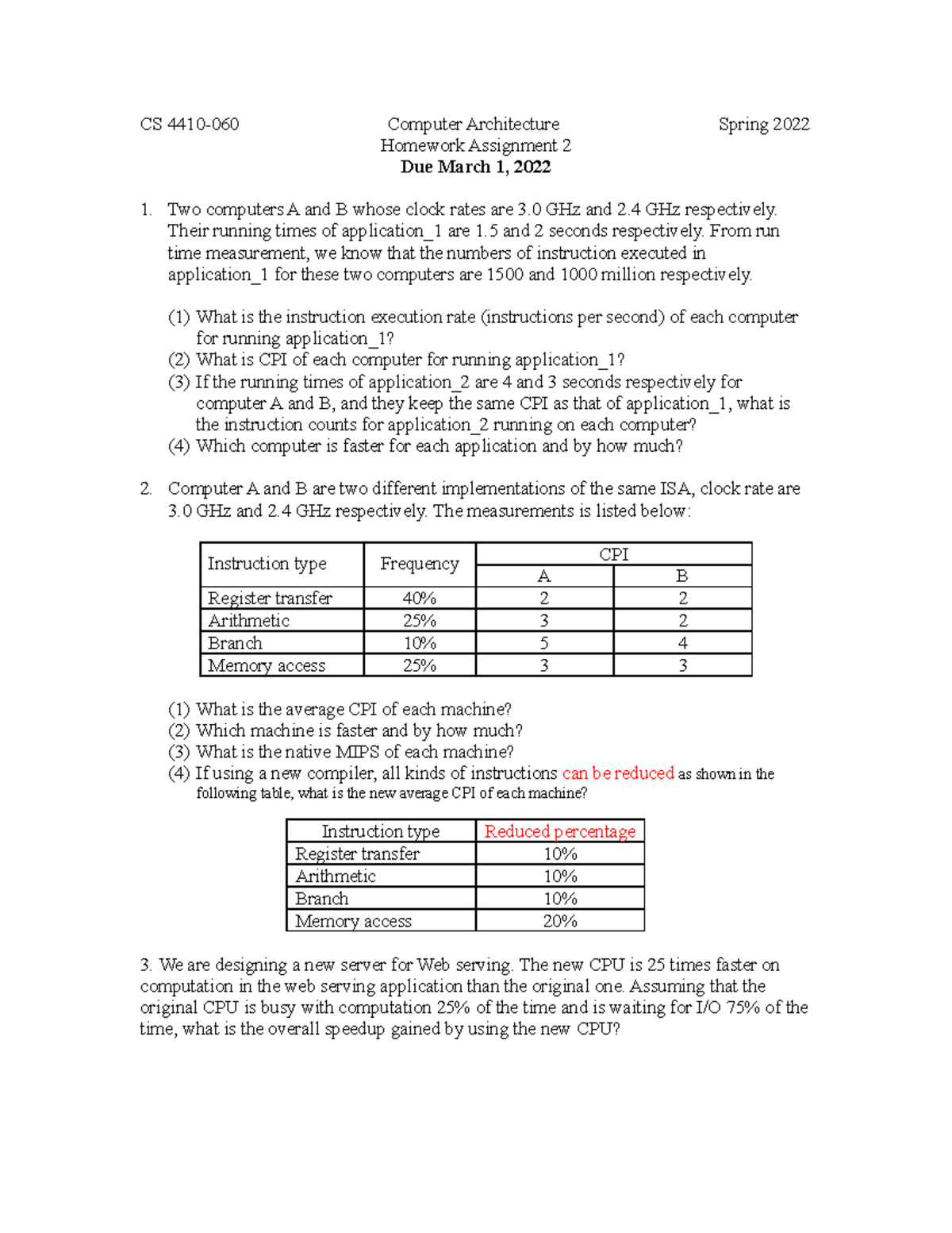 HW 2 clock rate calculations - CS 4410-060 Computer Architecture Spring ...