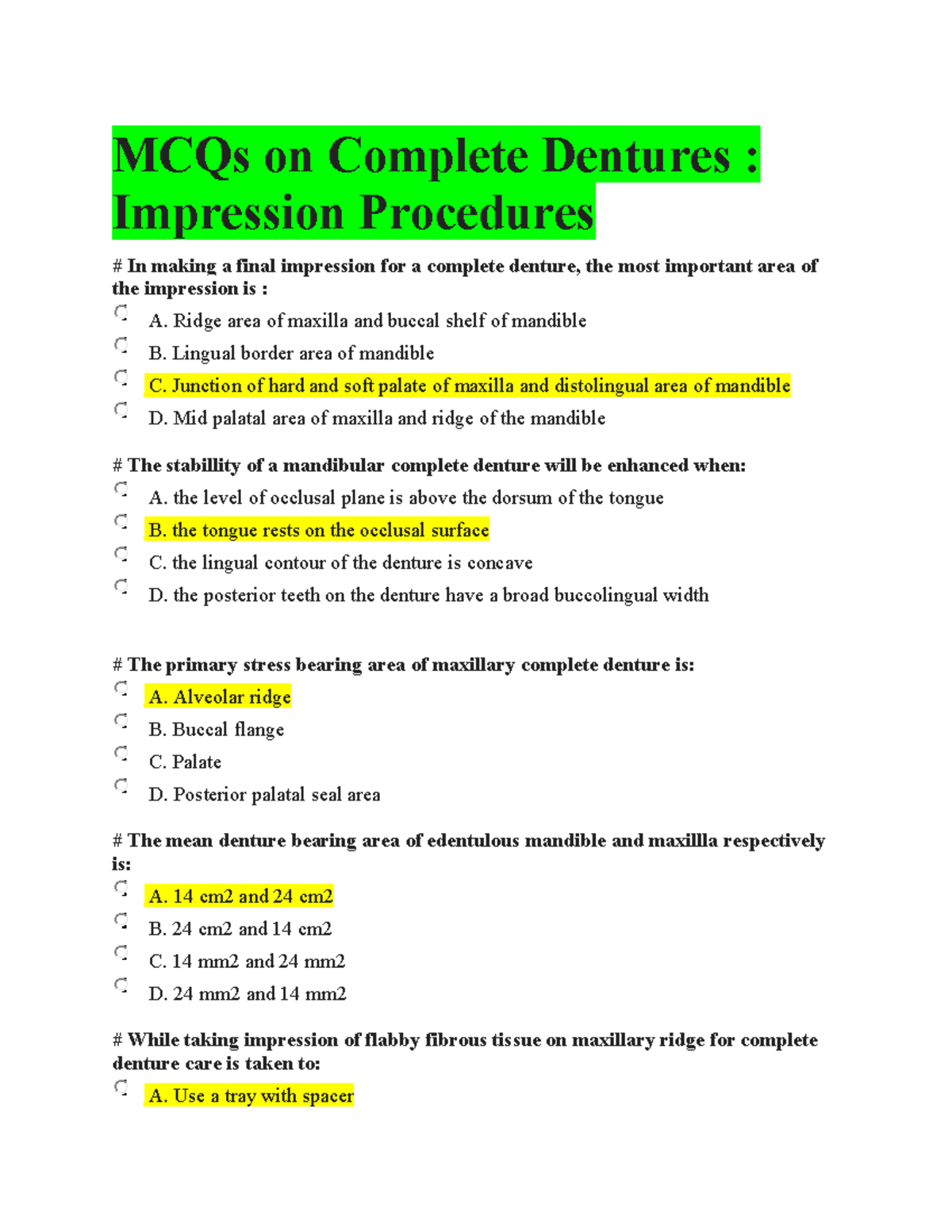 Toaz mcq complete denture MCQs on Complete Dentures Impression