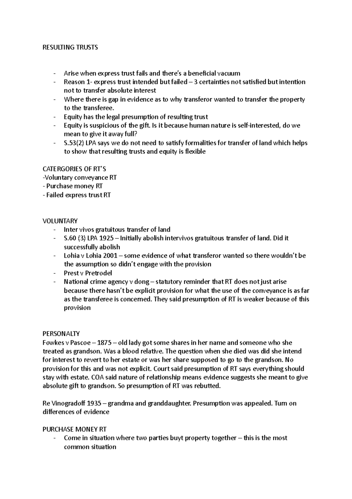 Resulting Trusts - lecture notes - RESULTING TRUSTS Arise when express ...