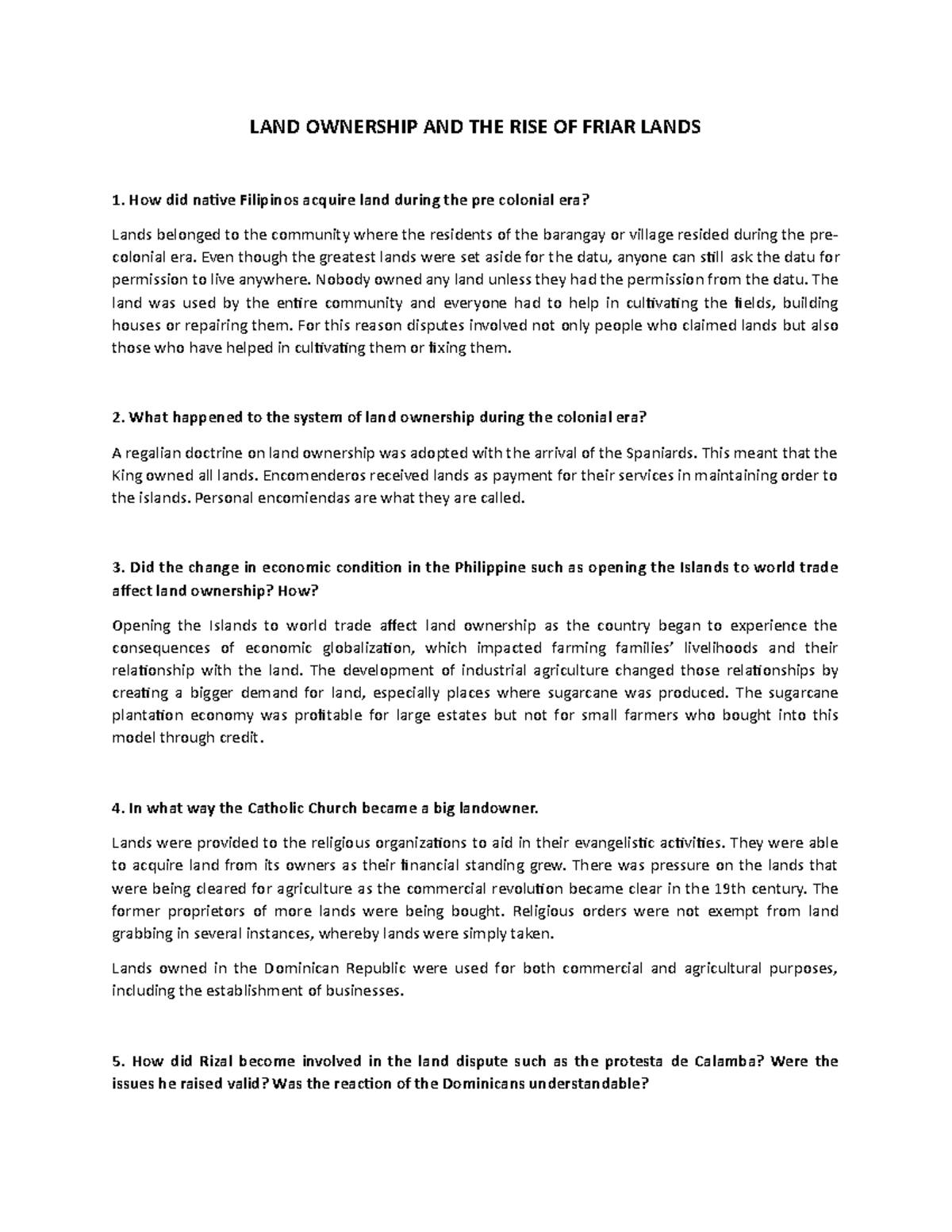 R7 - R7 RIZAL - LAND OWNERSHIP AND THE RISE OF FRIAR LANDS How did ...