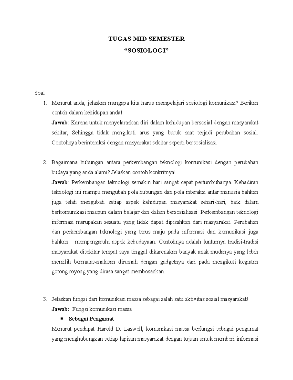 Tugas Sosiologi 2 - Rangkuman 2 - TUGAS MID SEMESTER “SOSIOLOGI” Soal 1 ...