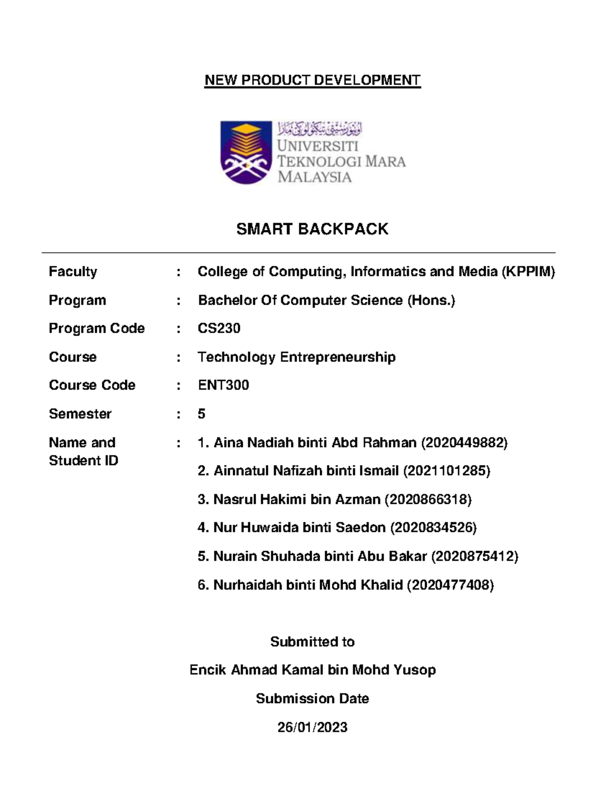 NPD - NPD EXAMPLE - NEW PRODUCT DEVELOPMENT SMART BACKPACK Faculty ...