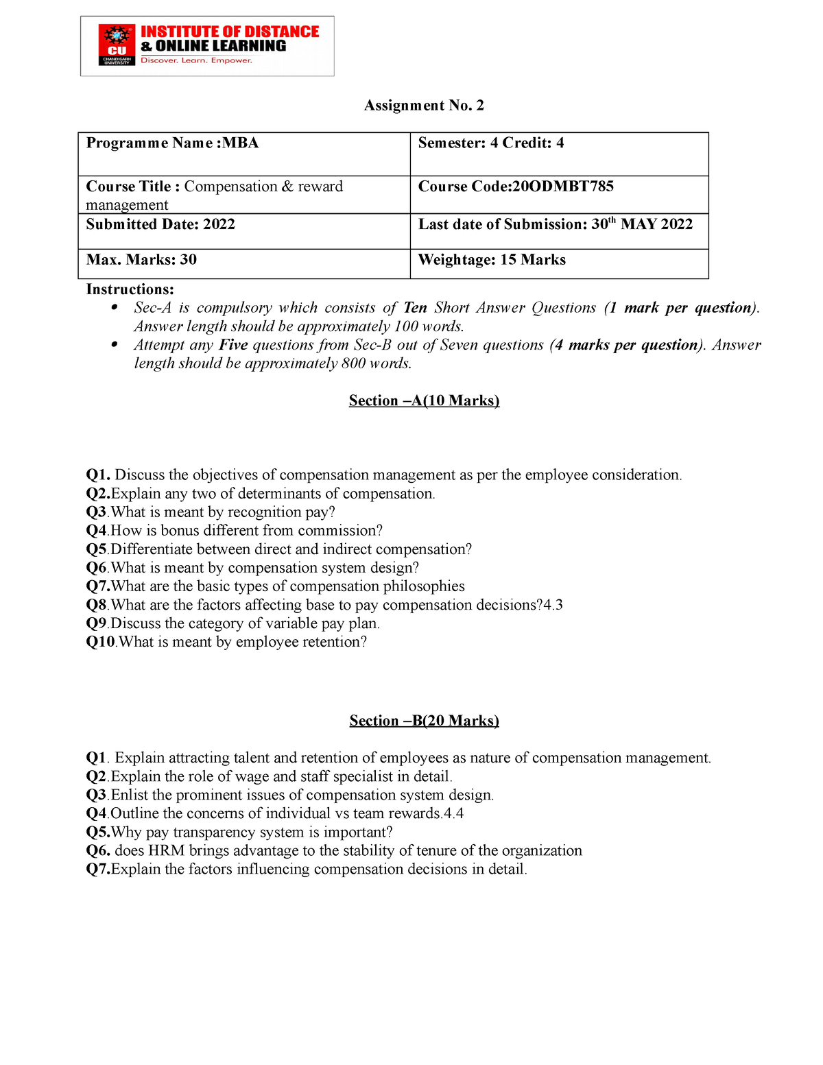 compensation management assignment questions