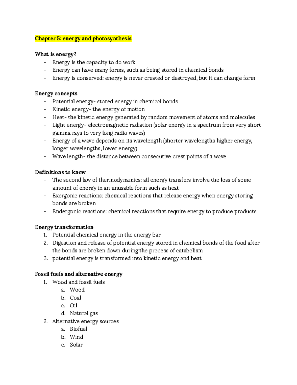 Chapter 5: Energy and Photosynthesis - Chapter 5: energy and ...