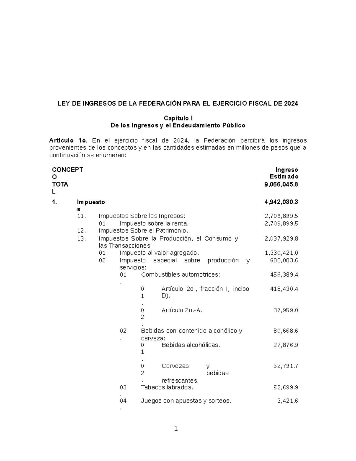 LEY DE Ingresos DE LA Federación PARA EL Ejercicio Fiscal DE 2024 - LEY ...