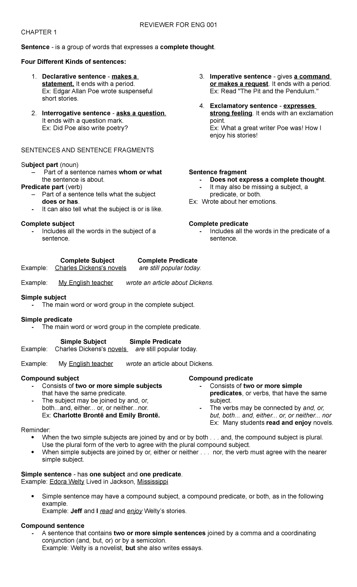 Reviewer FOR ENG 001 - Notes - REVIEWER FOR ENG 001 CHAPTER 1 Sentence ...