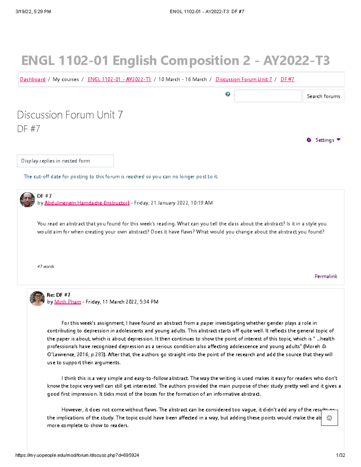 ENGL 1102-01 - AY2022-T3 DF #7 - ENGL 1102-01 English Composition 2 ...