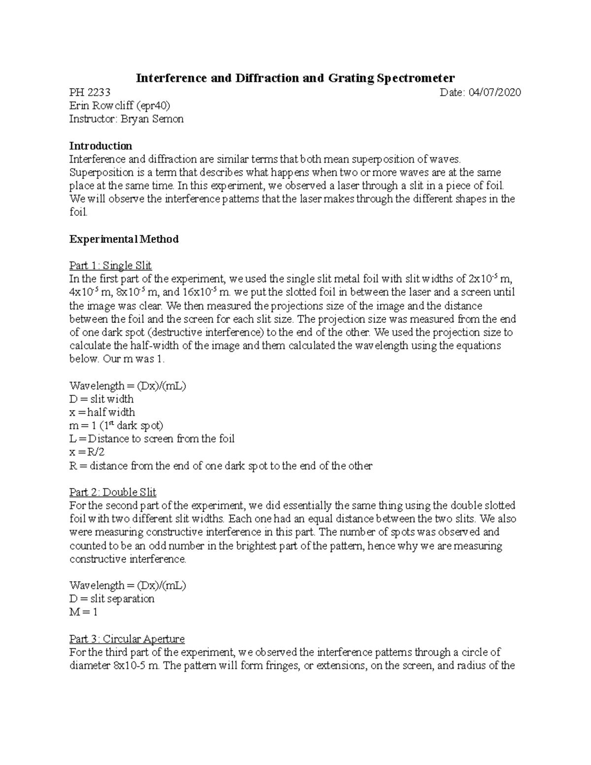 Interference and Diffraction and Grating Spectrometer Superposition