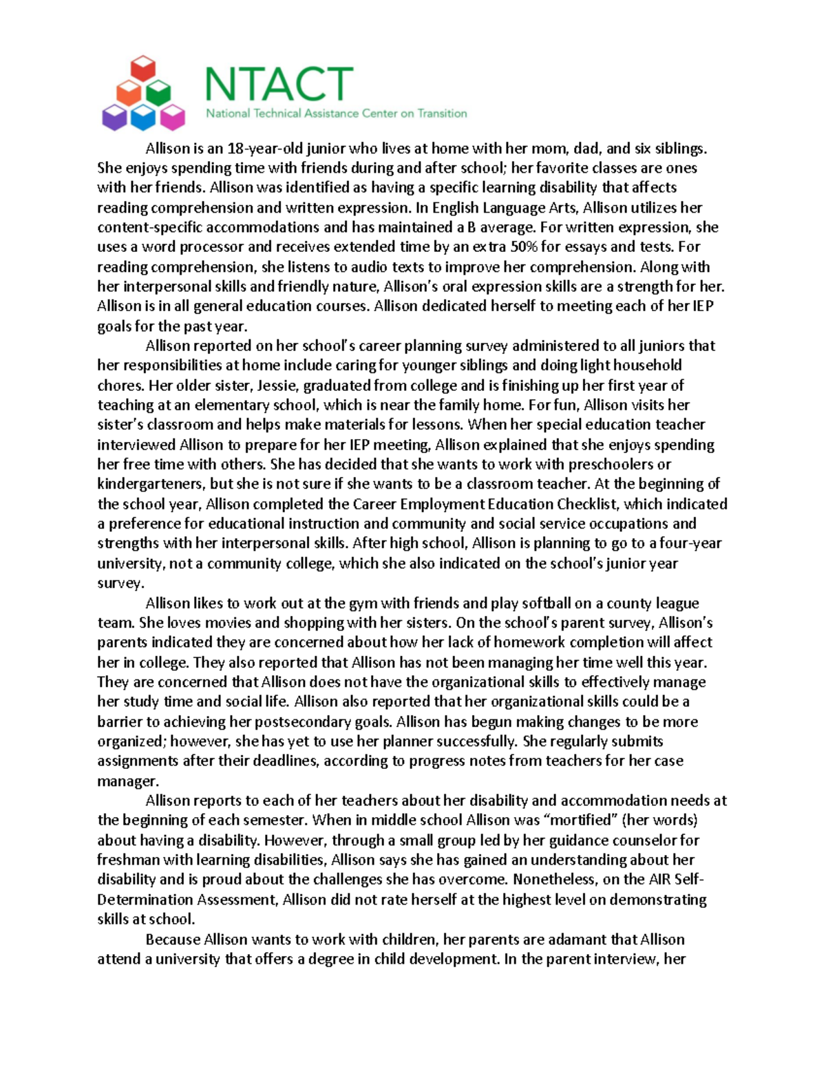 Allison esp734casestudy - Allison is an 18-year-old junior who lives at ...