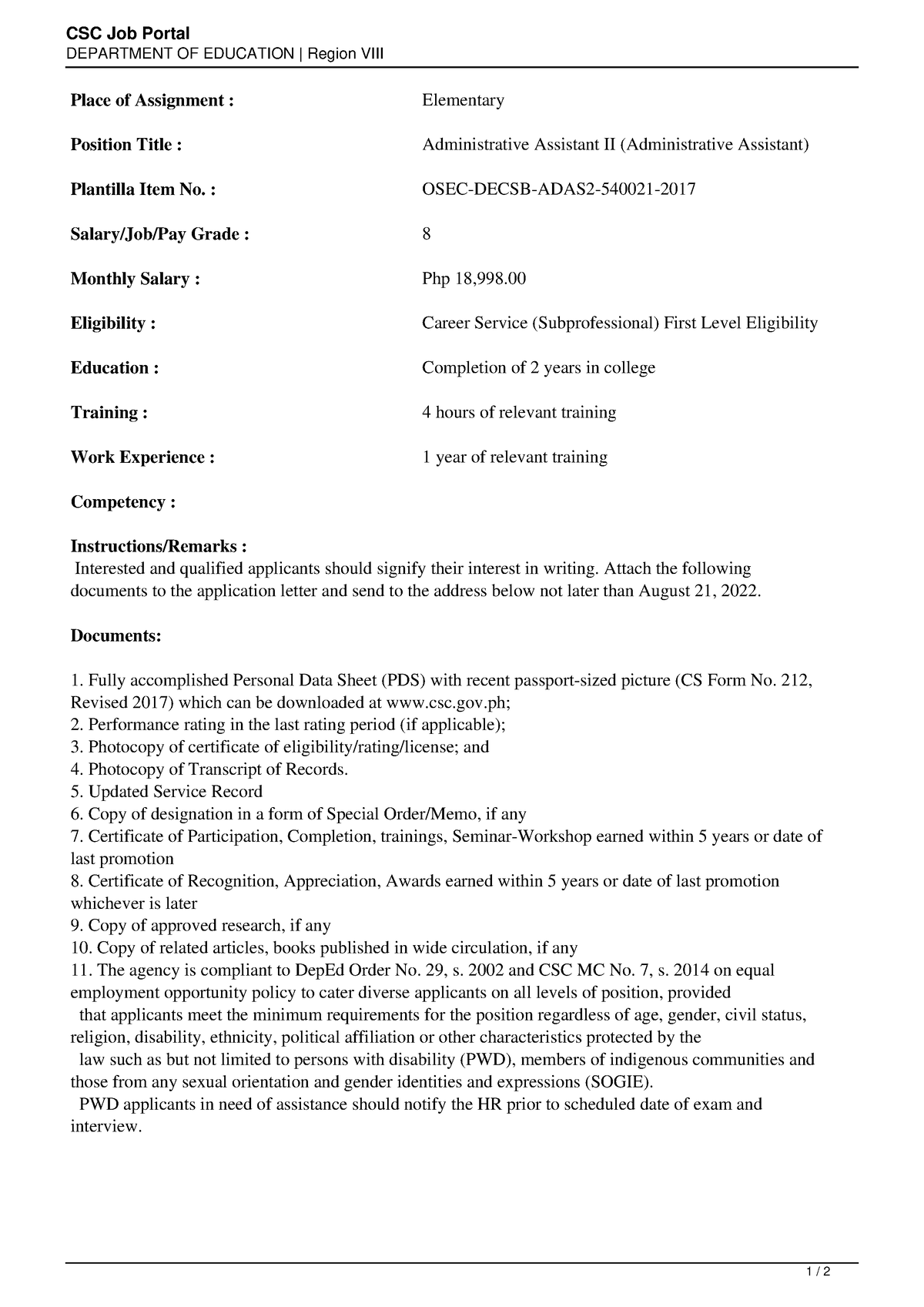 Department OF Education-Administrative Assistant II Administrative ...