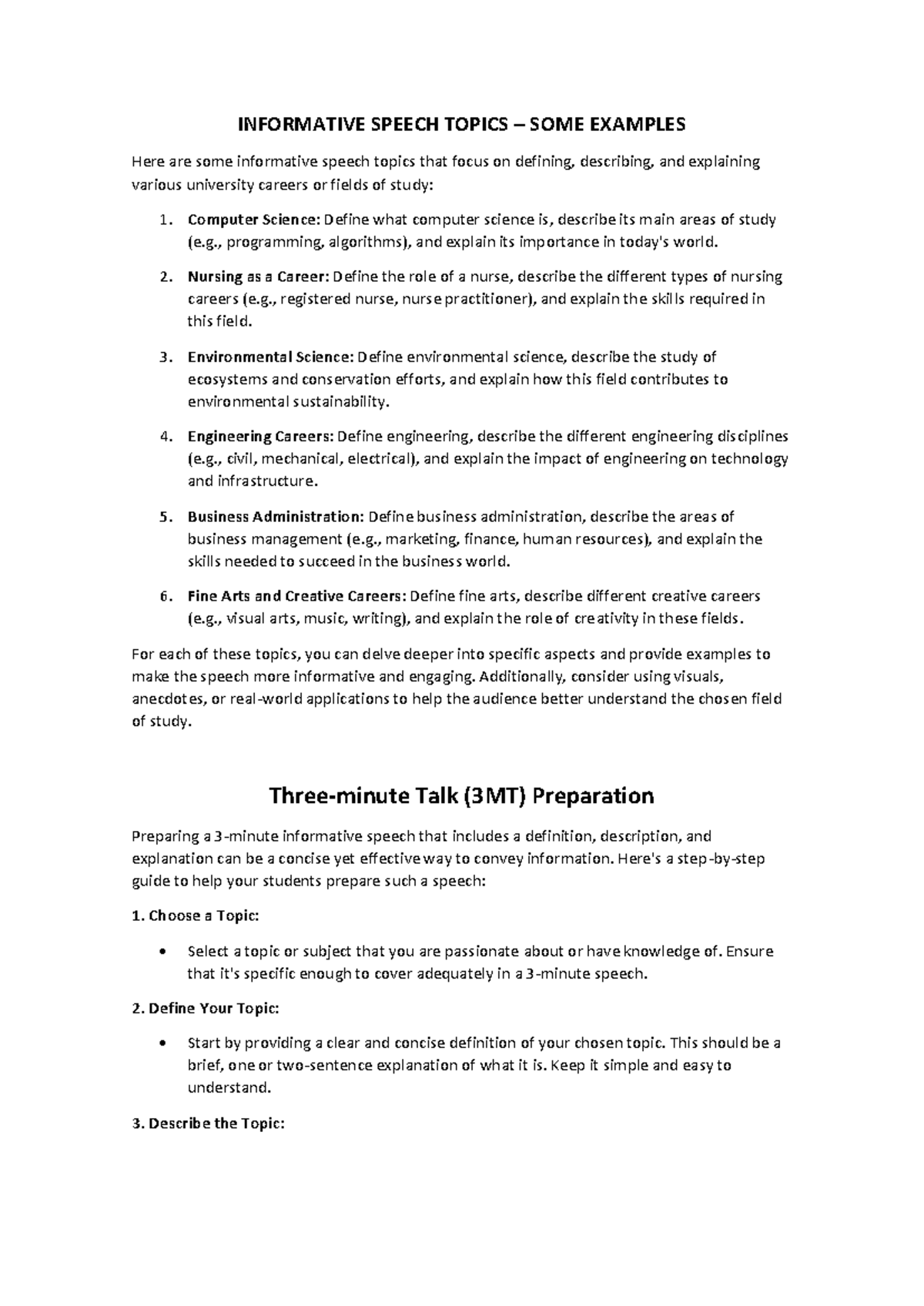 Informative TALK - INFORMATIVE SPEECH TOPICS – SOME EXAMPLES Here are ...