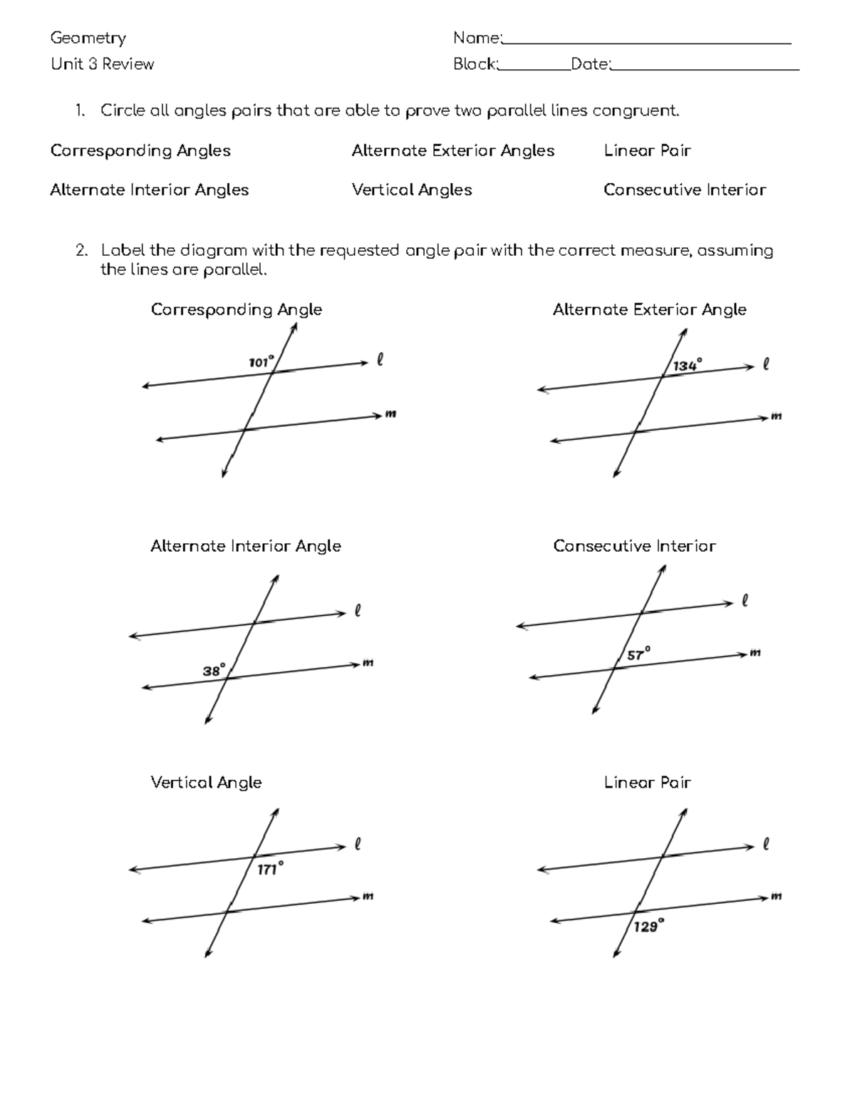 Unit 3 Review Notes from class Geometry Name