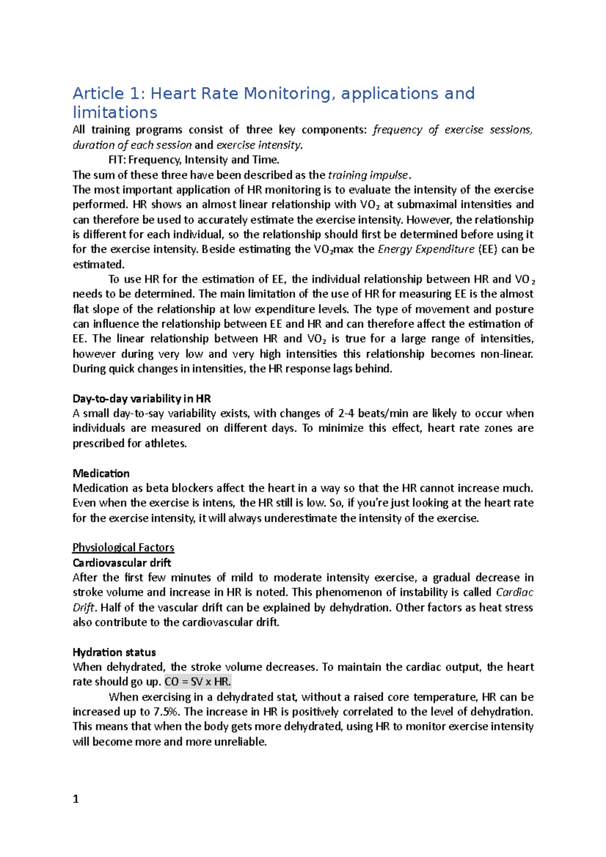 Intensity Literature Summary Article 1 Heart Rate Monitoring