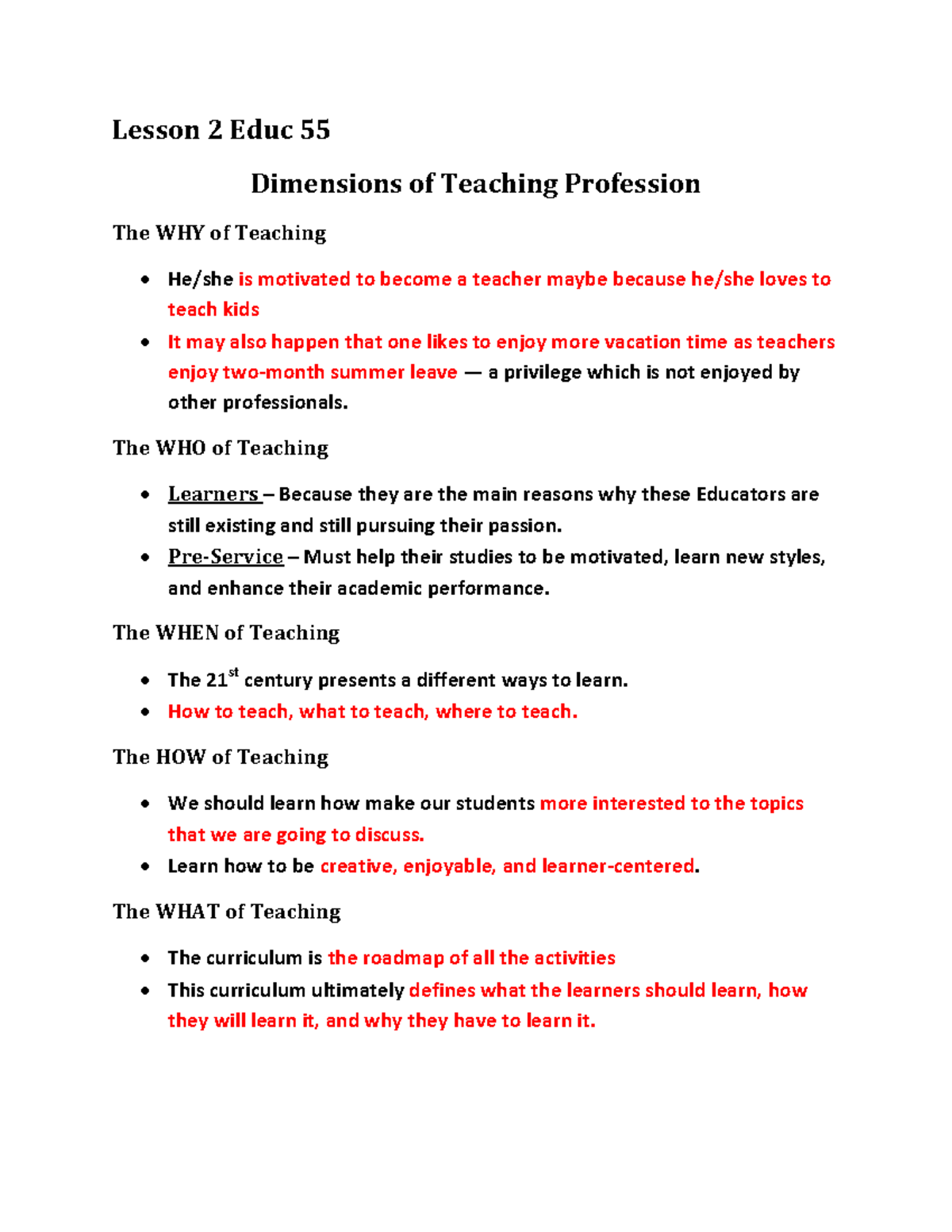 EDUC55 Lesson 2 Reviewer Lesson 2 Educ 55 Dimensions of Teaching Profession The WHY of