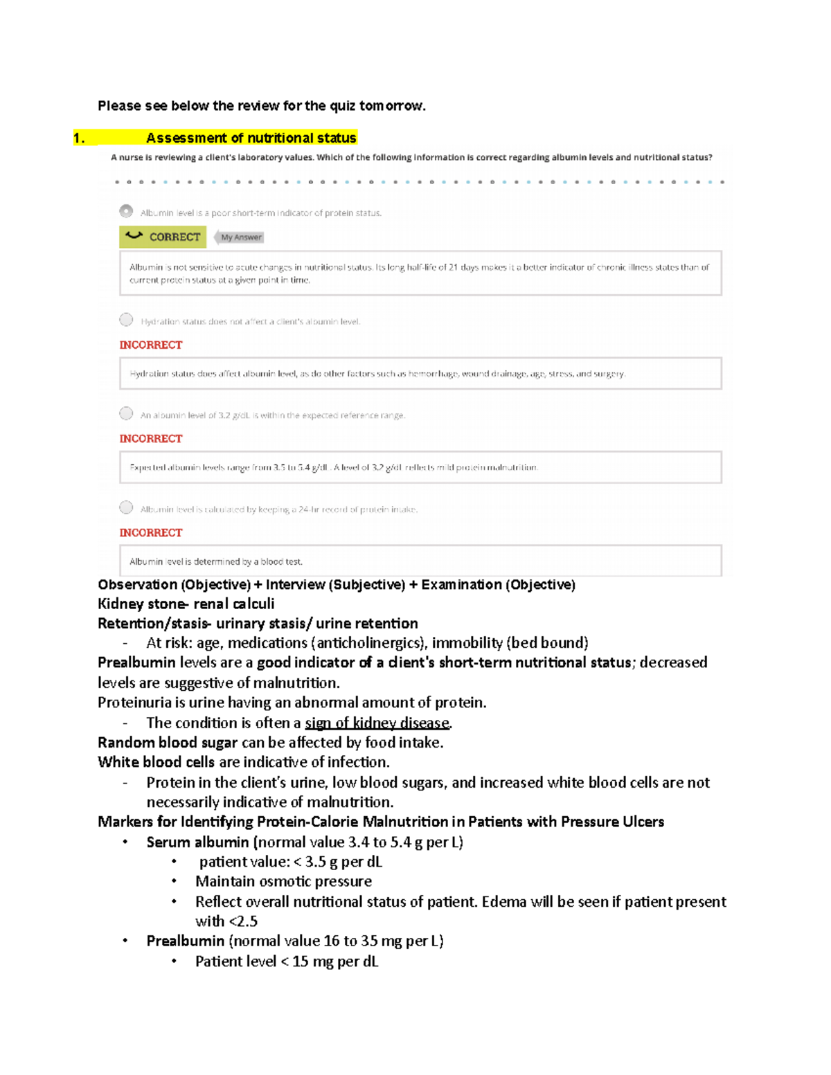 QUIZ #7- Fundamentals Of Nursing - Please See Below The Review For The ...