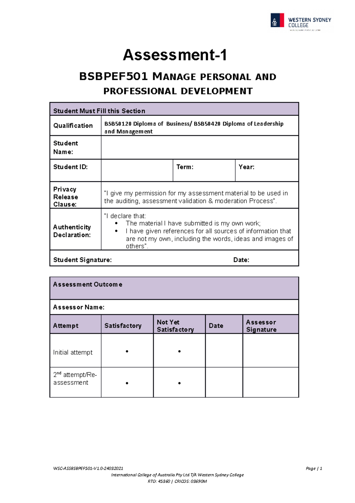 Bsbpef 501 Assessment-Task-1 - Assessment- BSBPEF501 MANAGE PERSONAL ...