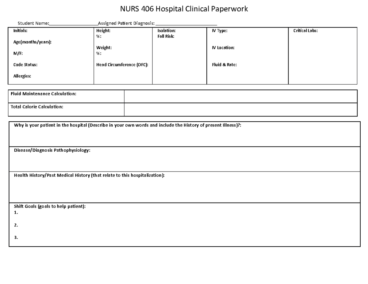 Hospital Clinical Paperwork. 22 - Student Name: Assigned Patient ...