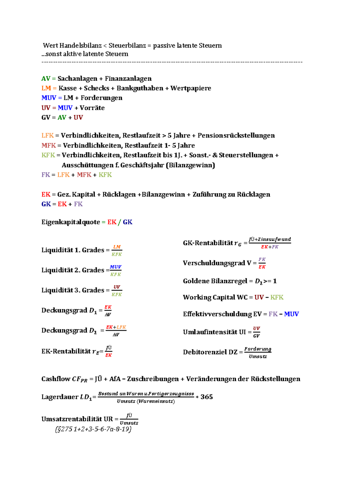 Formelsammlung Kennzahlen v2 - Wert Handelsbilanz Steuerbilanz passive latente Steuern .. aktive ...