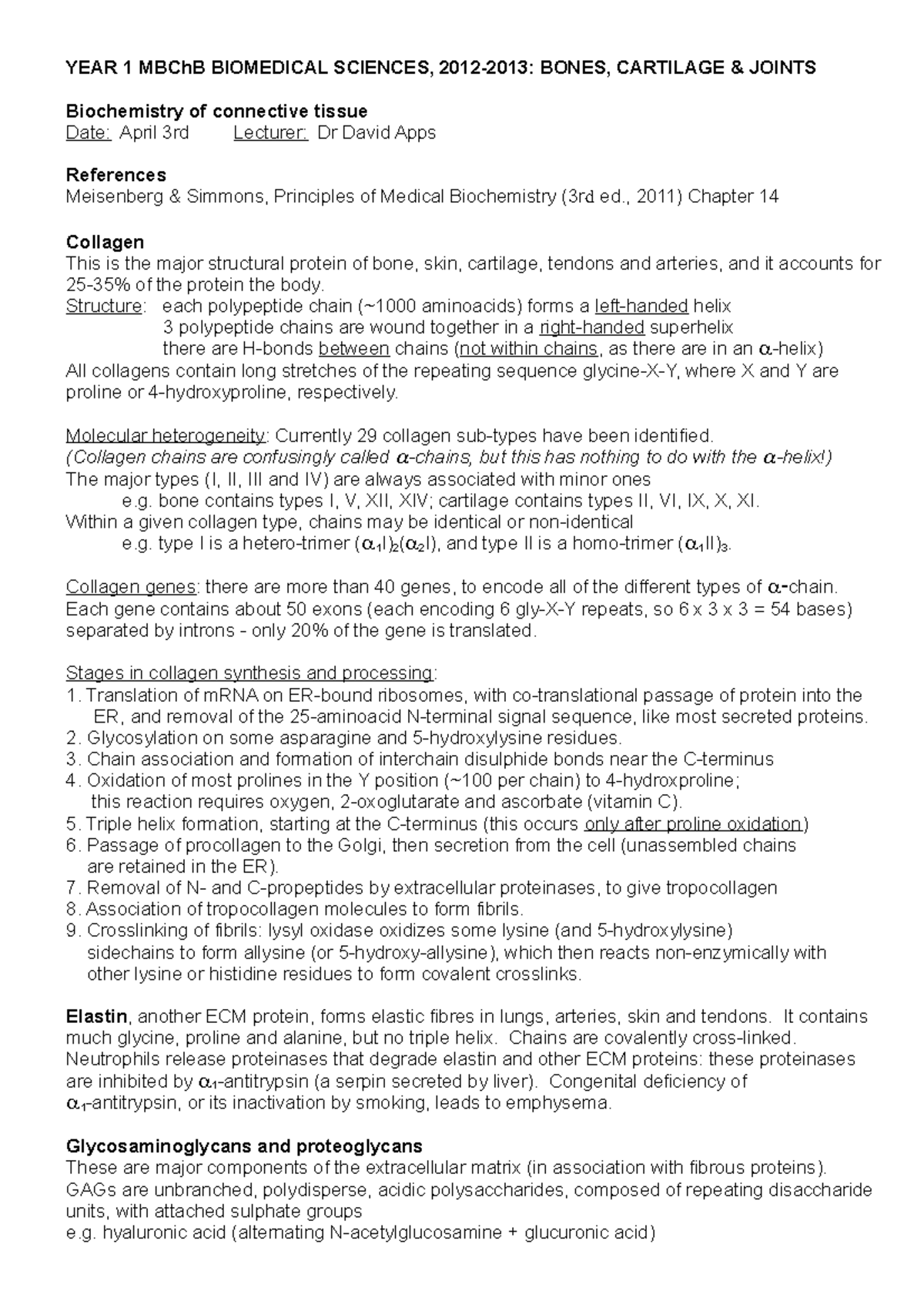 Extracellular Matrix Notes - YEAR 1 MBChB BIOMEDICAL SCIENCES, 2012 ...