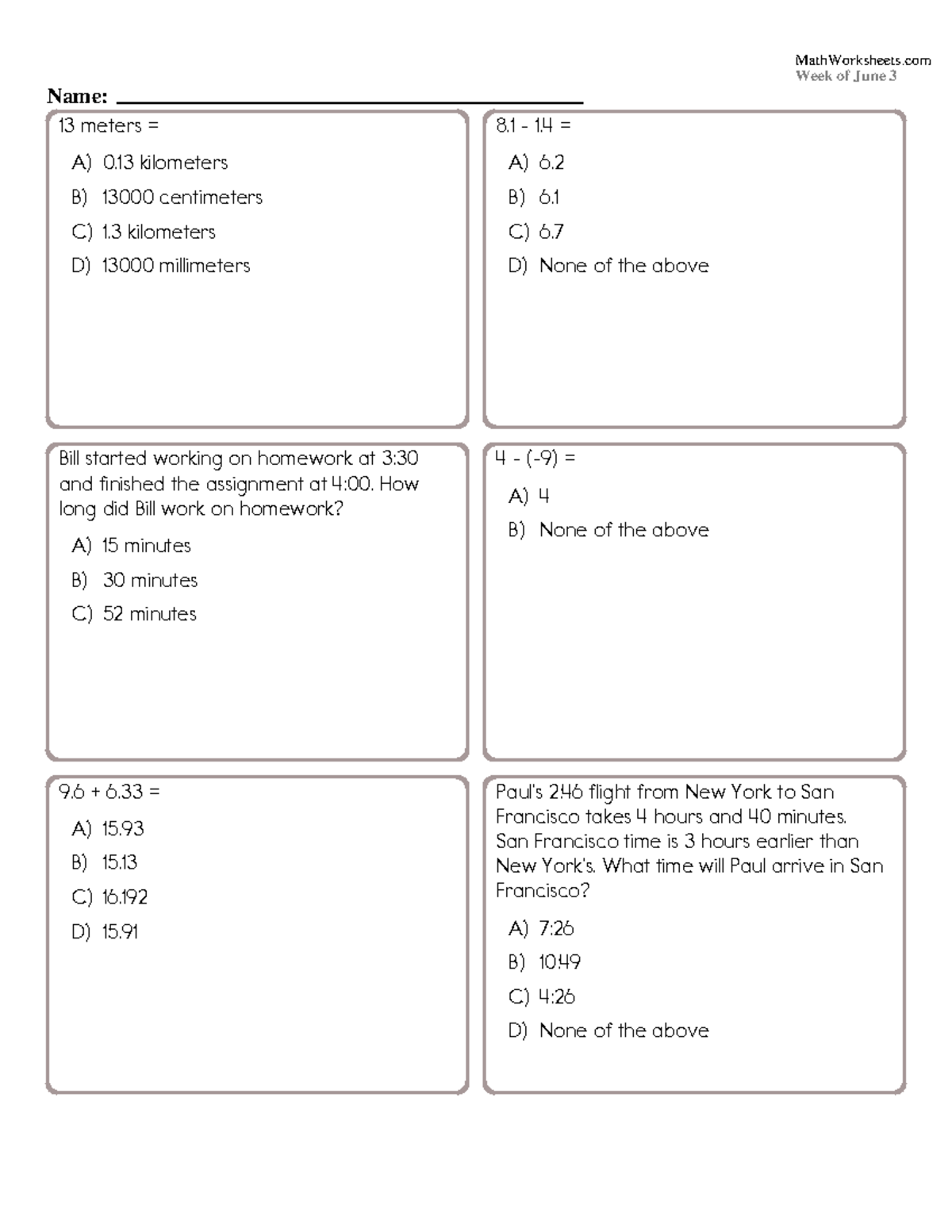Math Worksheets that you can practice for elementary - Name: Week of ...