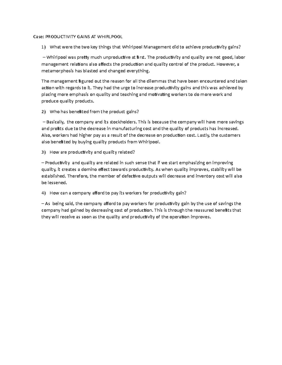 Om2 Total Recall Whirlpool Company Case PRODUCTIVITY GAINS AT