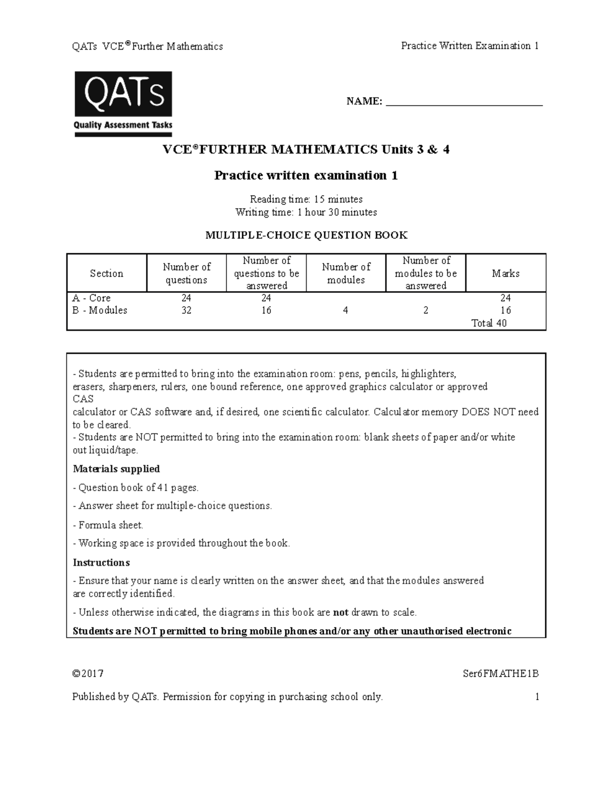 Ser6 Fmathe 1B - further maths prac exam - QATs VCE®Further Mathematics ...