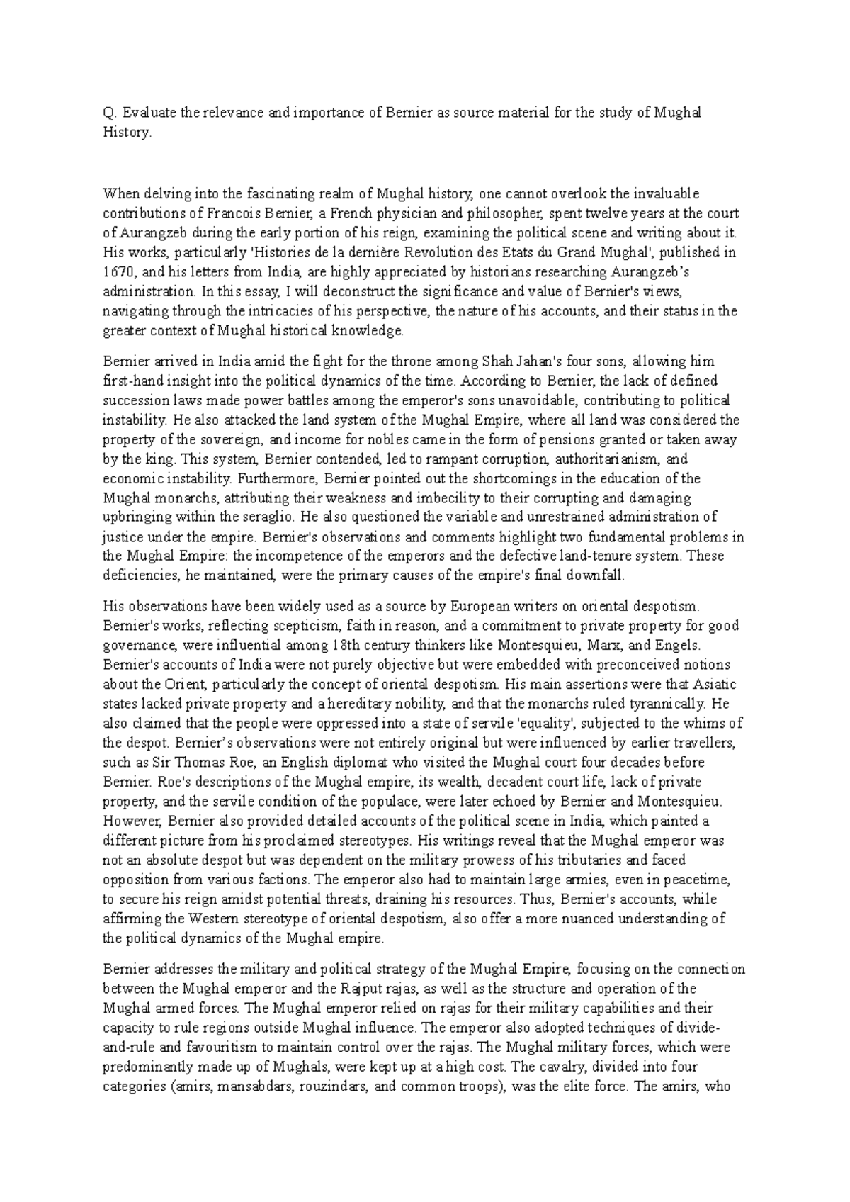 Importance of bernier as a source for mughal history - Q. Evaluate the ...