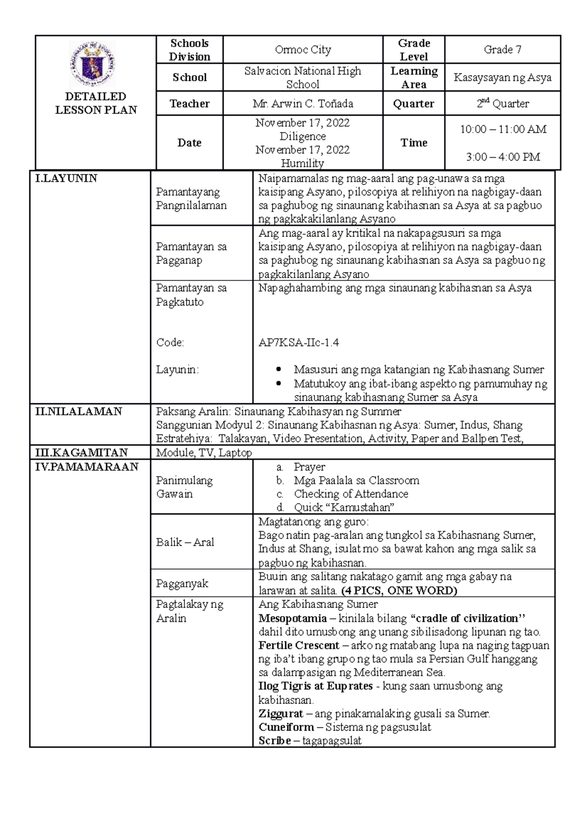 AP7 Q2 W2 Day3 - Notes - DETAILED LESSON PLAN Schools Division Ormoc ...