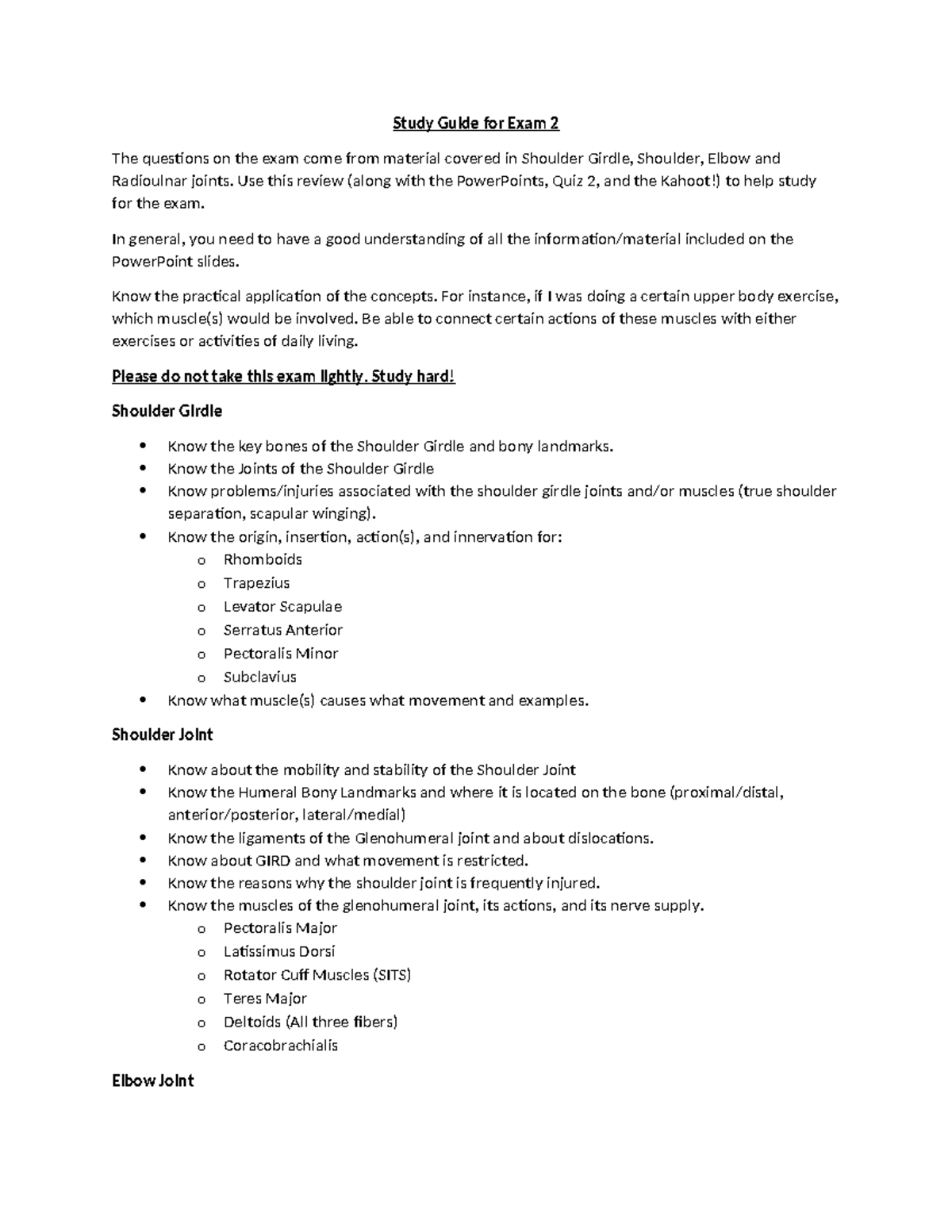 Study Guide for Exam 2 KIN 3346 Fall 2024 - Study Guide for Exam 2 The ...