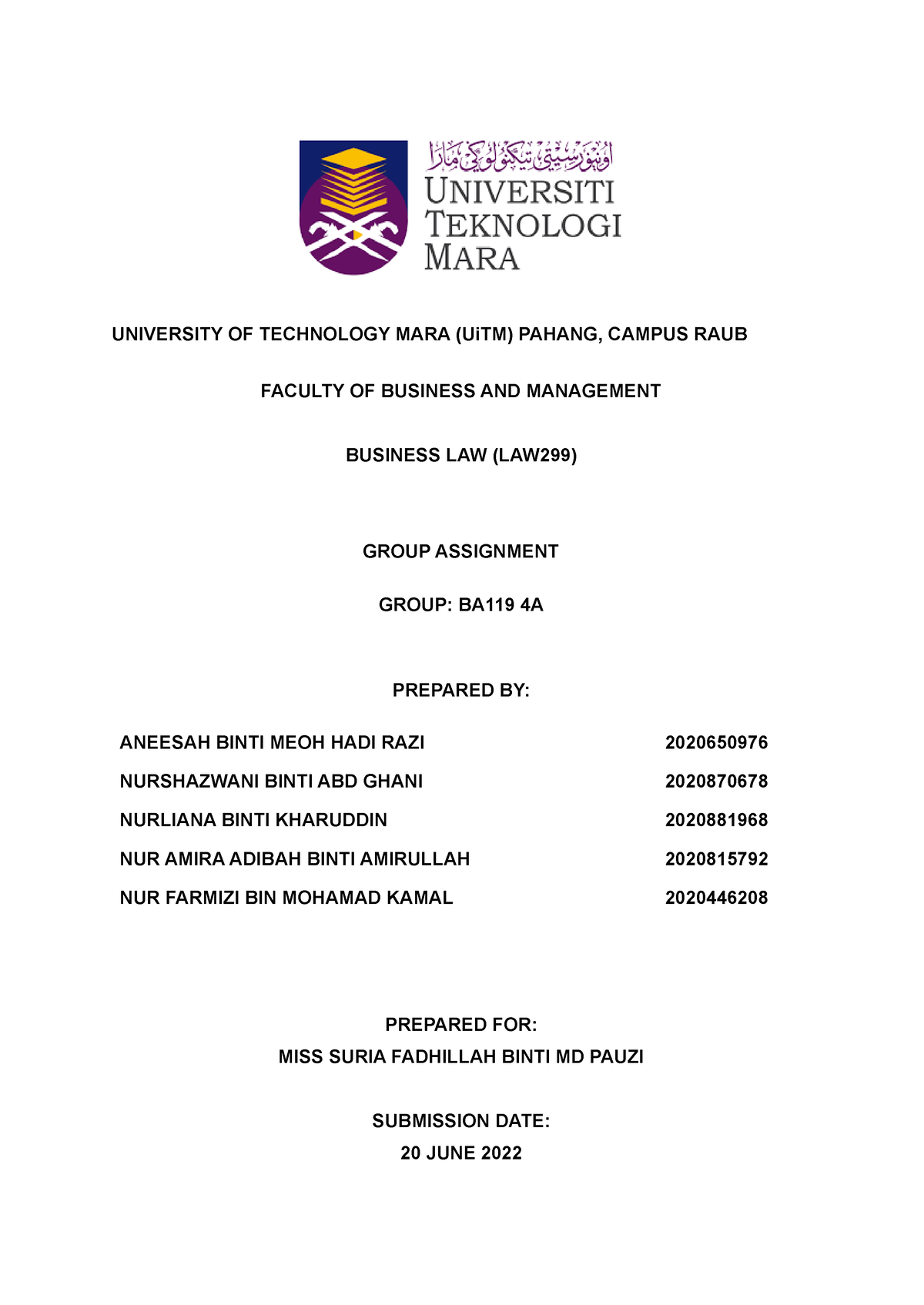 [BA1194A LAW299 ] Group 7 LAW Assignment - UNIVERSITY OF TECHNOLOGY ...