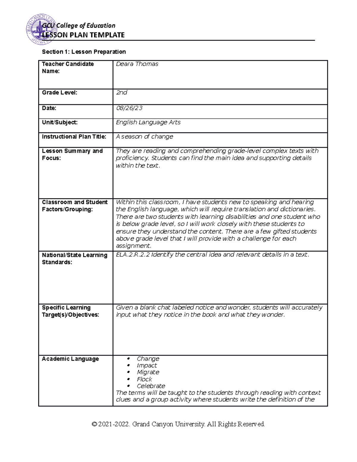 Book Plan Lesson Plan - A work - LESSON PLAN TEMPLATE Section 1: Lesson ...