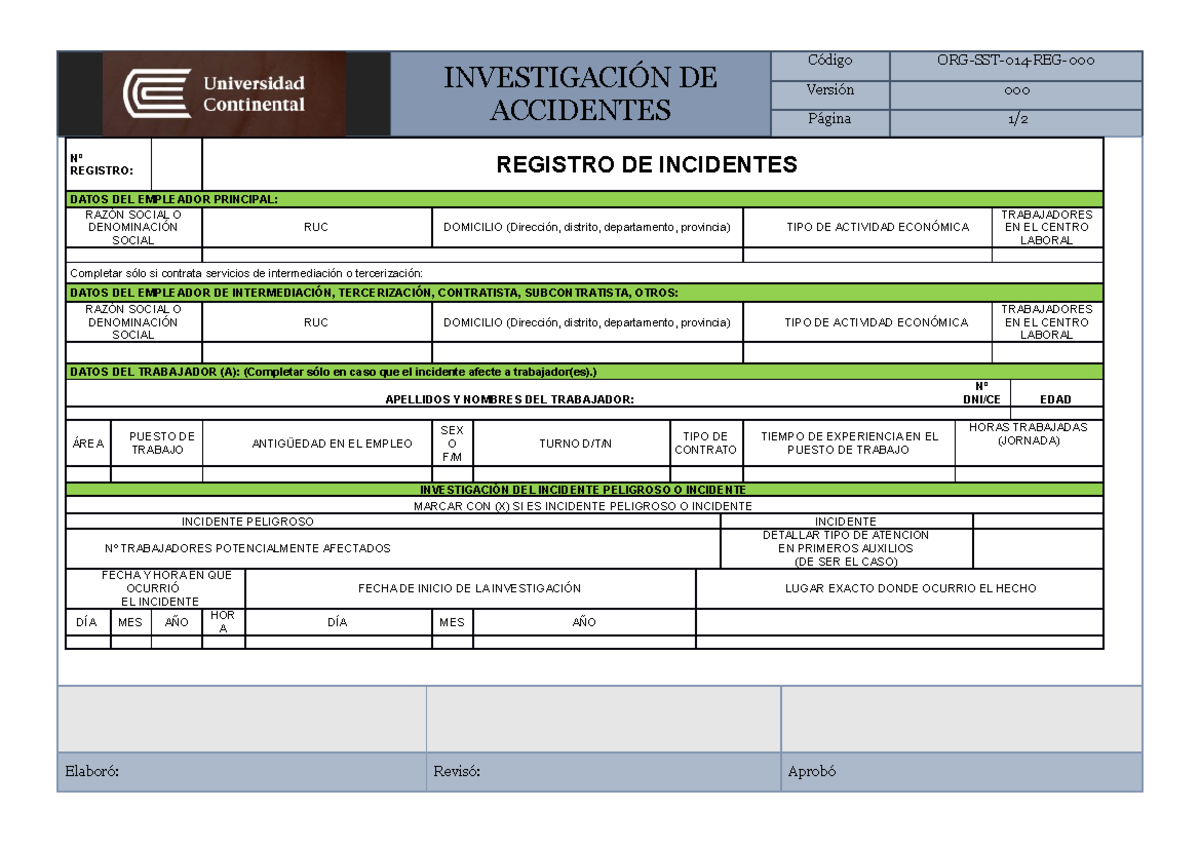 14.3 Registro De Incidentes - INVESTIGACIÓN DE ACCIDENTES Código ORG ...