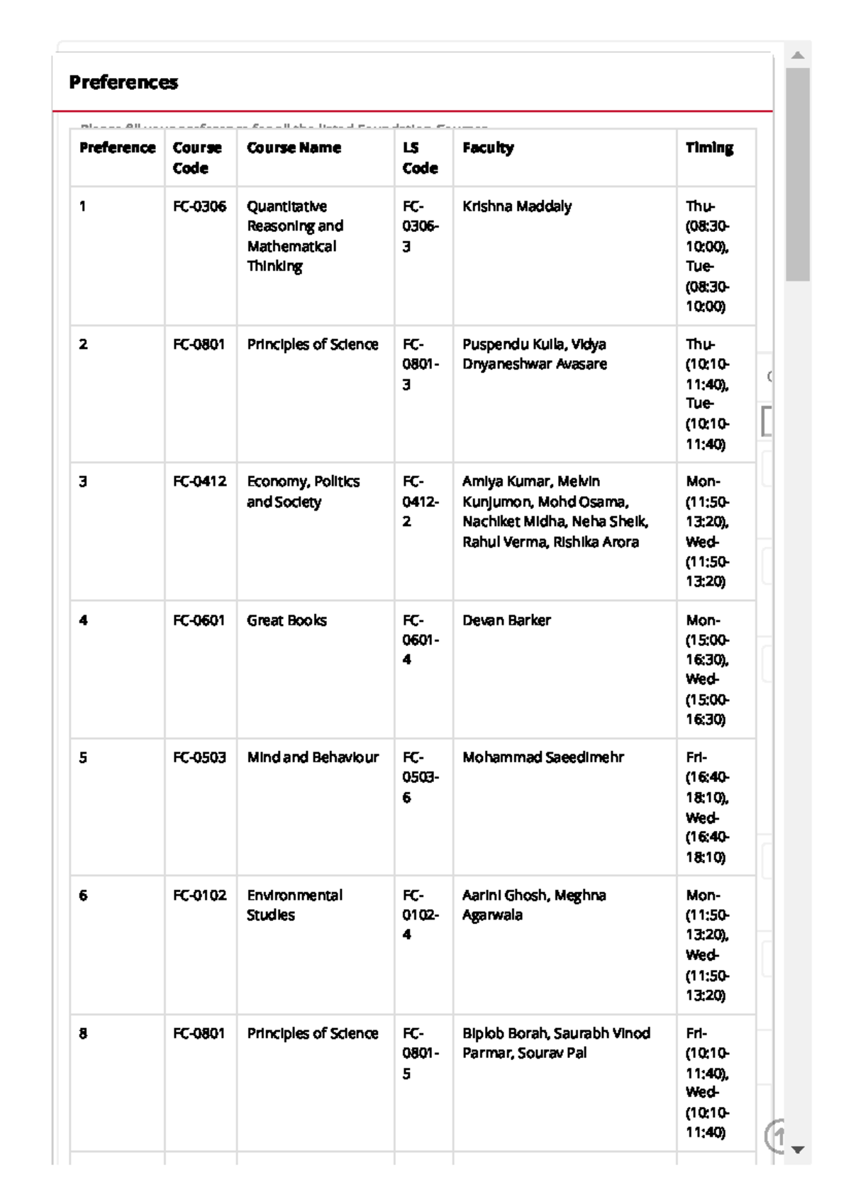 Ashoka University Foundation Courses Please ll your preference for all the listed Foundation