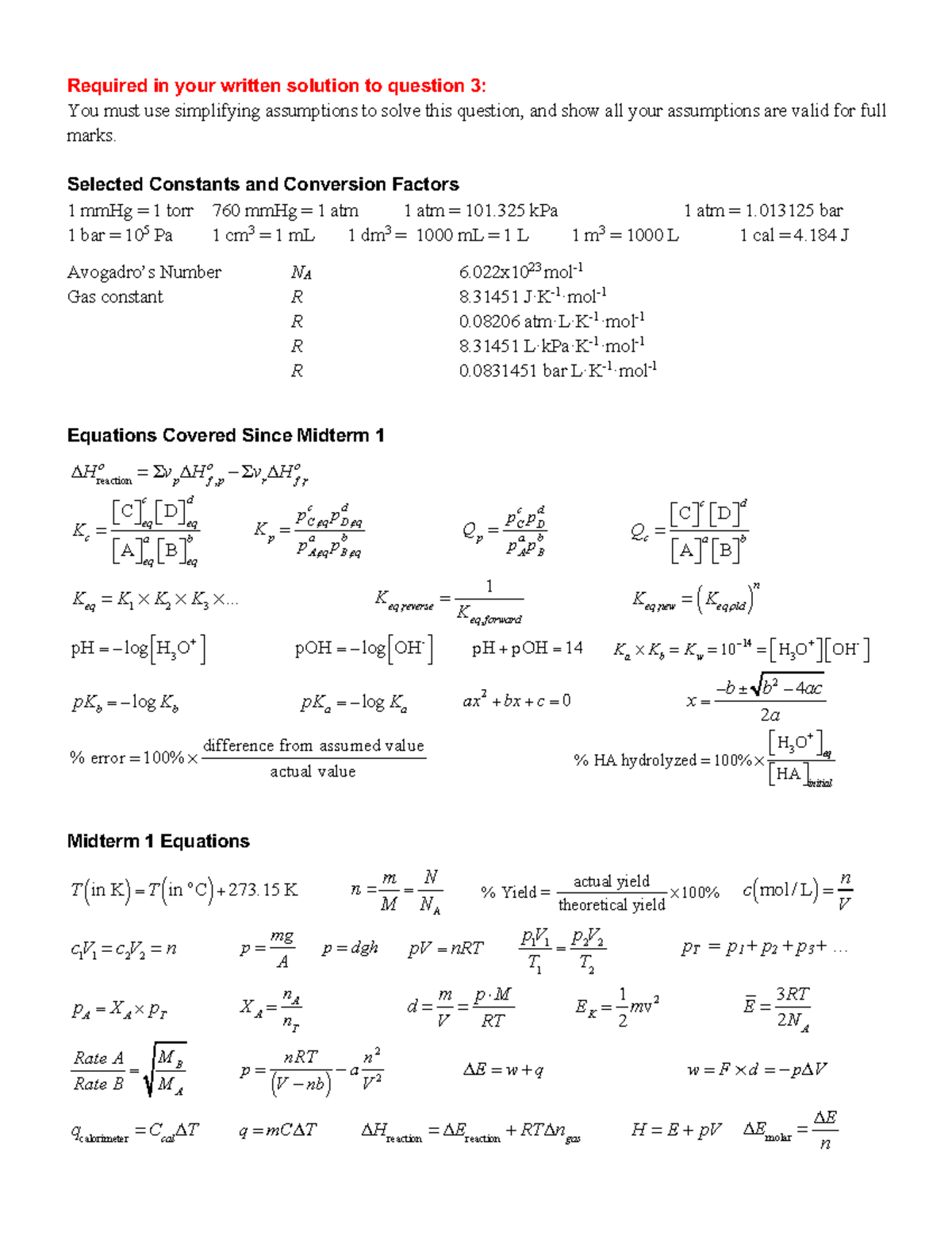 Midterm 2 Equation Sheet Final Version - Required in your written ...