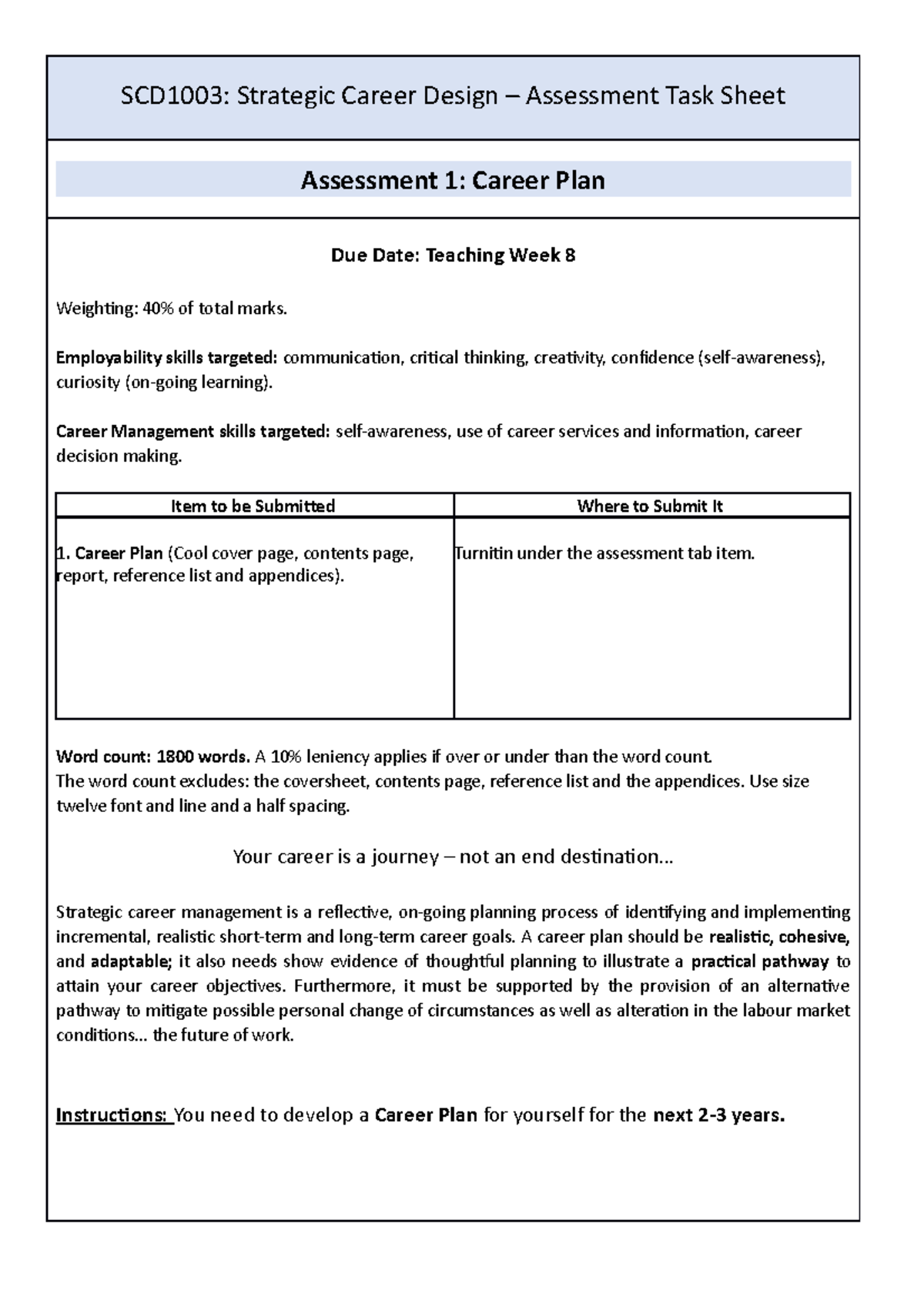 Assessment One - Career Plan Instruction - SCD1003: Strategic Career ...