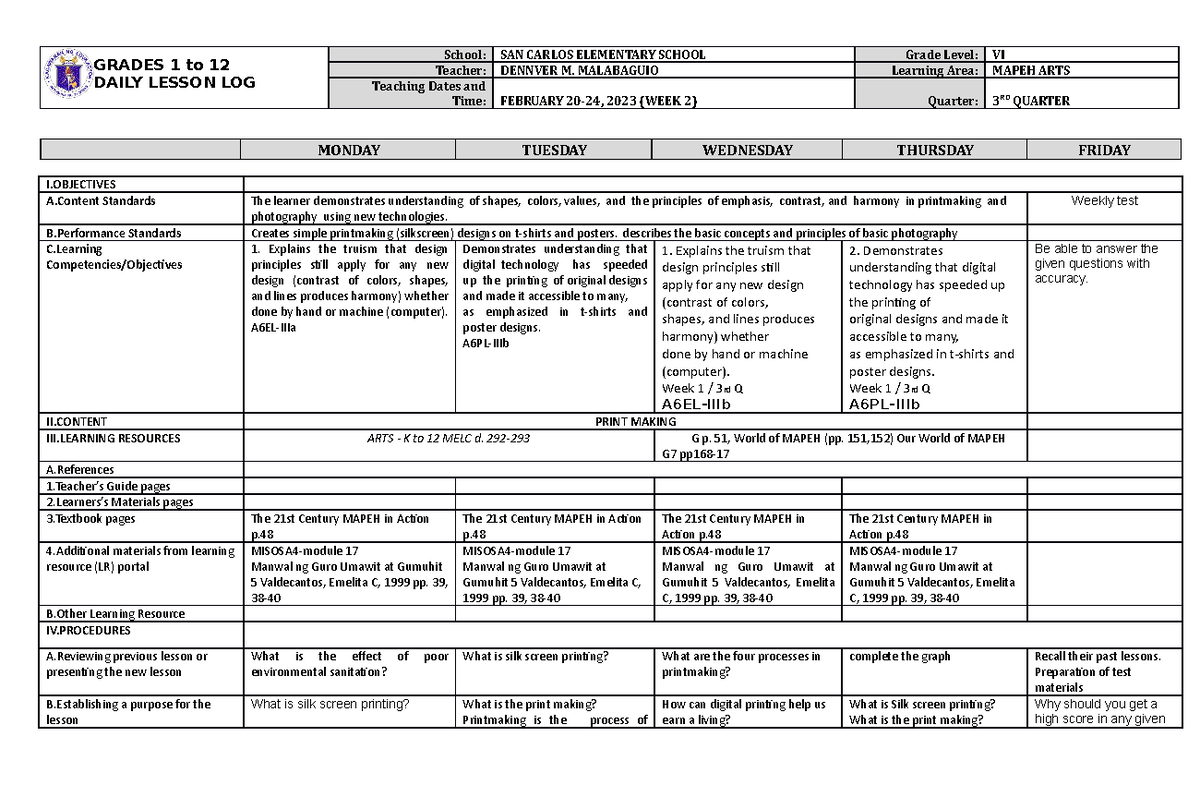 DLL Mapeh-6 ARTS Q3 W1 - ARTS DLL QUARTER 3 WEEK 1 - GRADES 1 to 12 ...