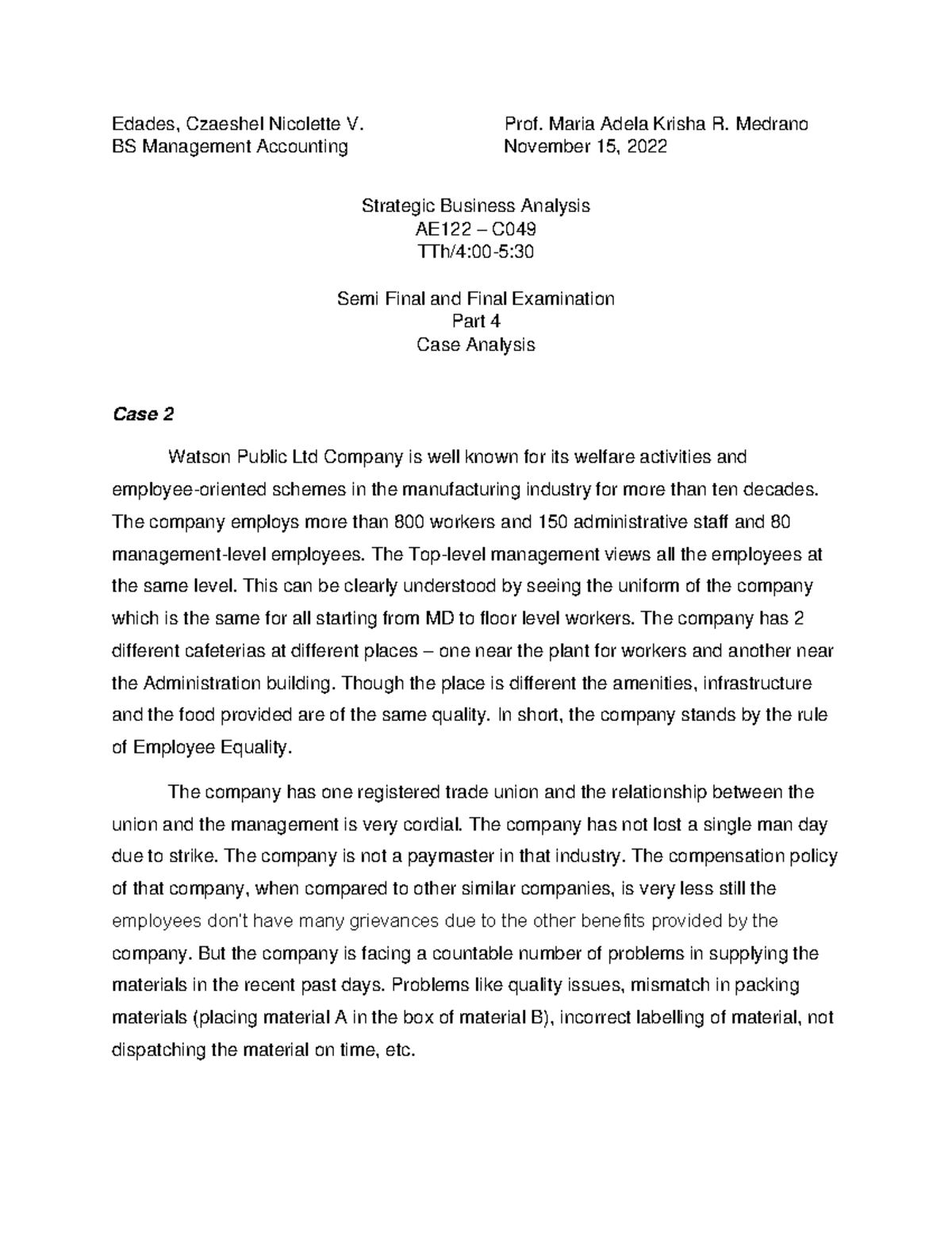 Part 4 - Case Analysis - SBA - Edades, Czaeshel Nicolette V. Prof ...