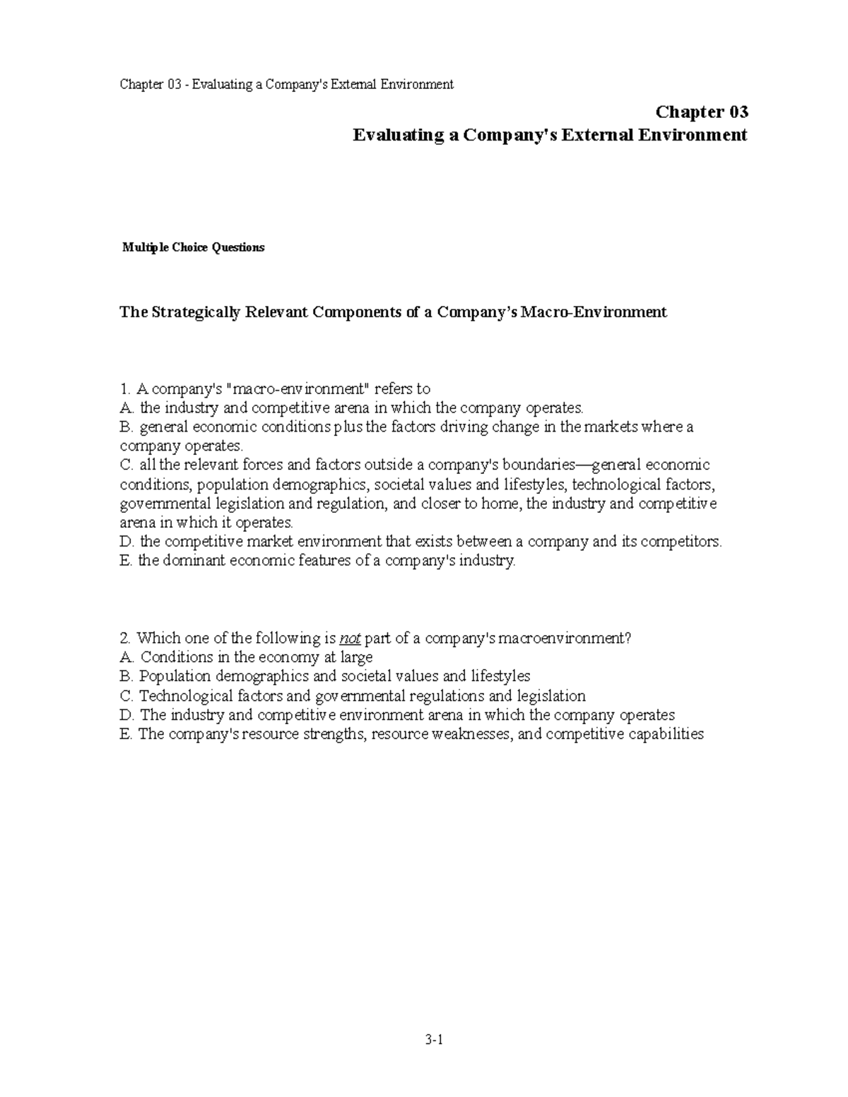 Chap003 - Fred David Test Bank - Chapter 03 - Evaluating A Company's ...