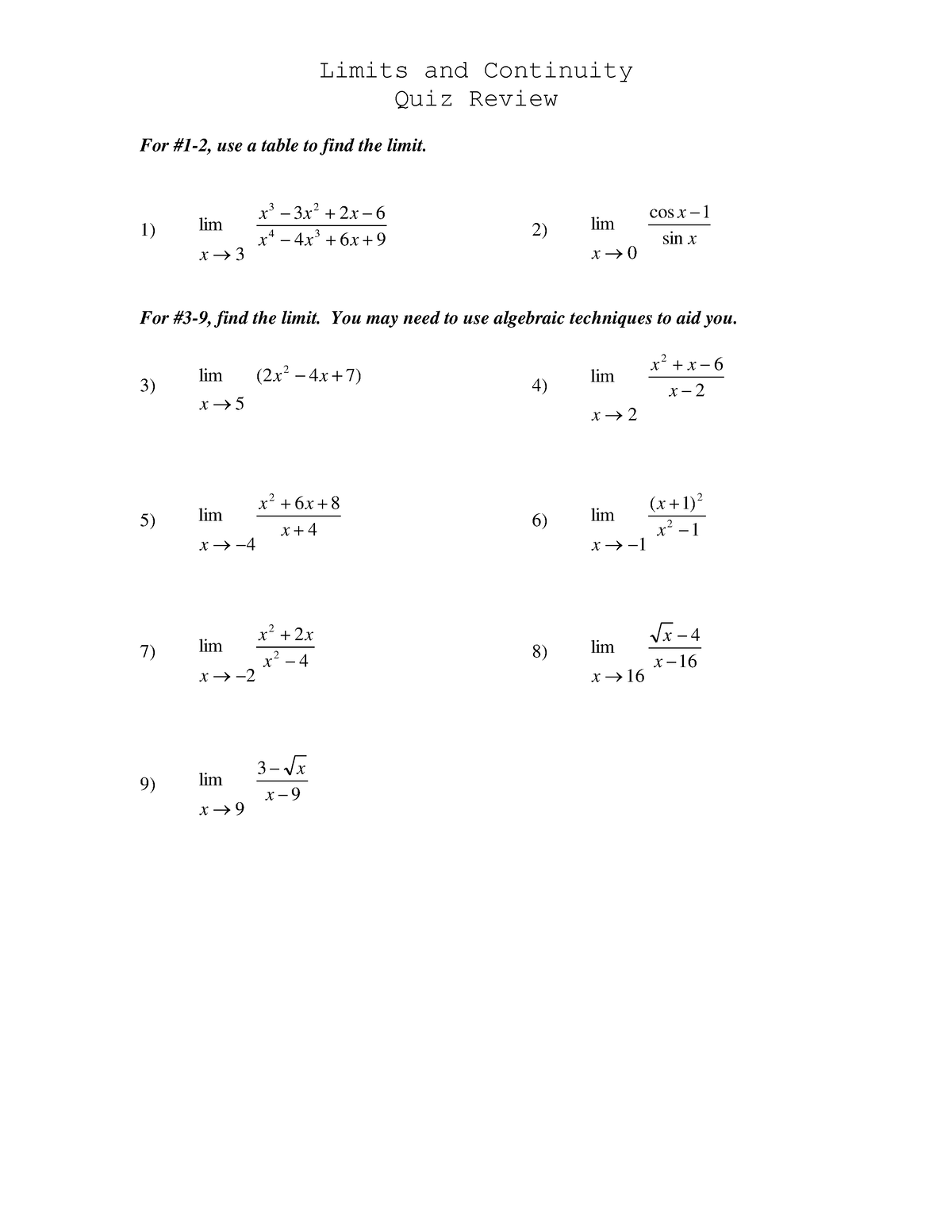 Limits Review practice - Limits and Continuity Quiz Review For #1-2 ...