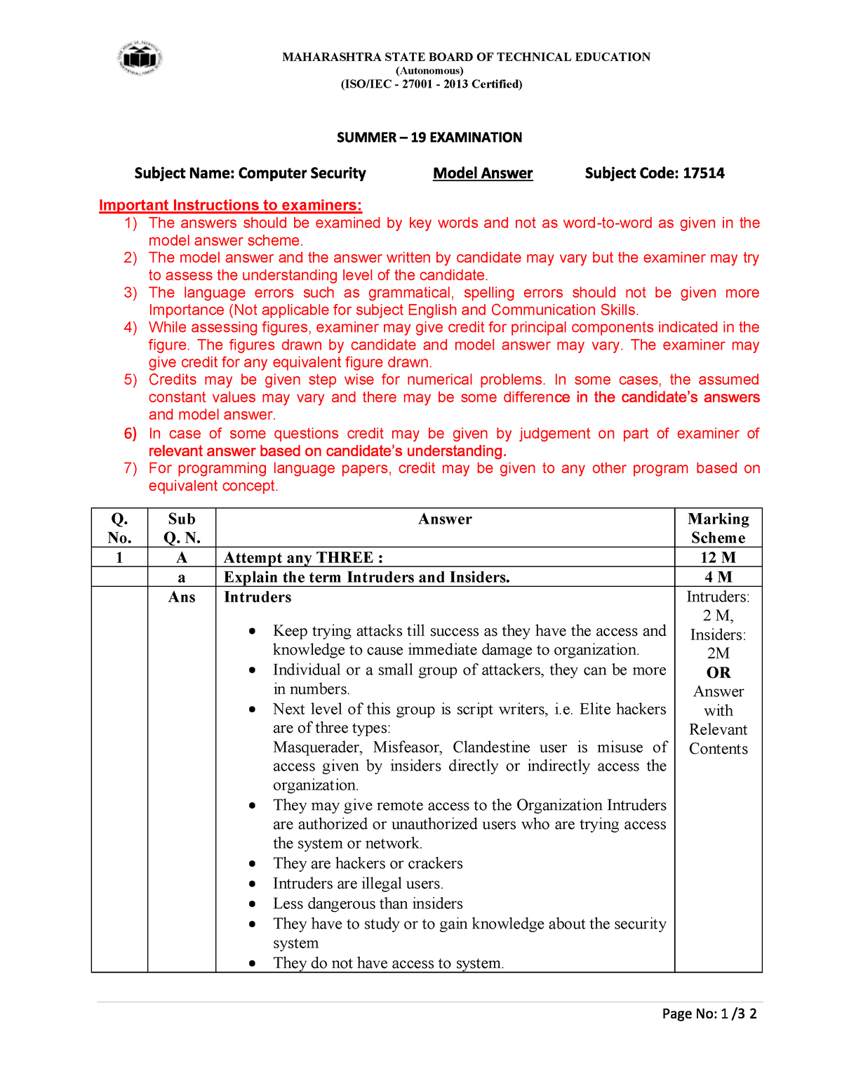 NIS S 19 Model Answer Paper - (A uto nomo us ) (ISO/IEC - 27001 - 2013 ...