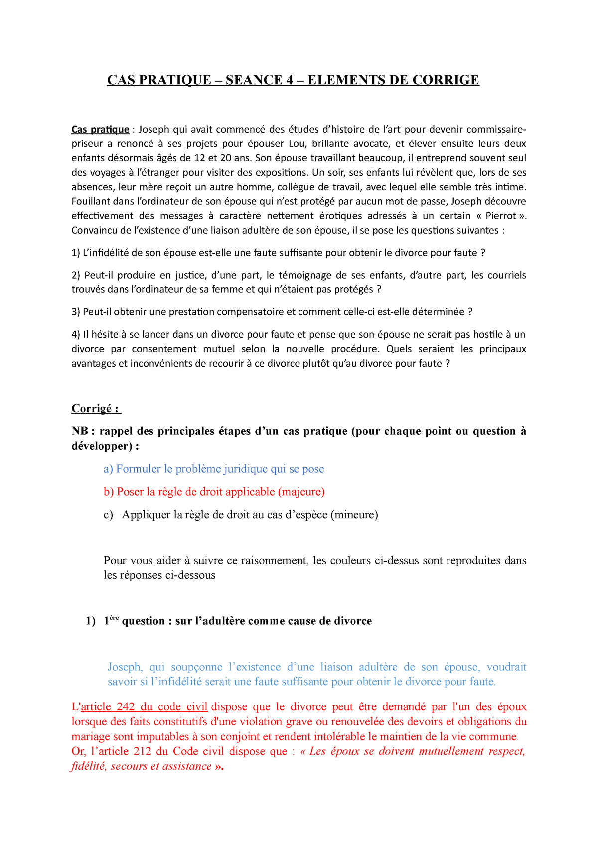 CAS Pratique TD Correction Droit De La Famille CAS PRATIQUE SEANCE ELEMENTS DE CORRIGE