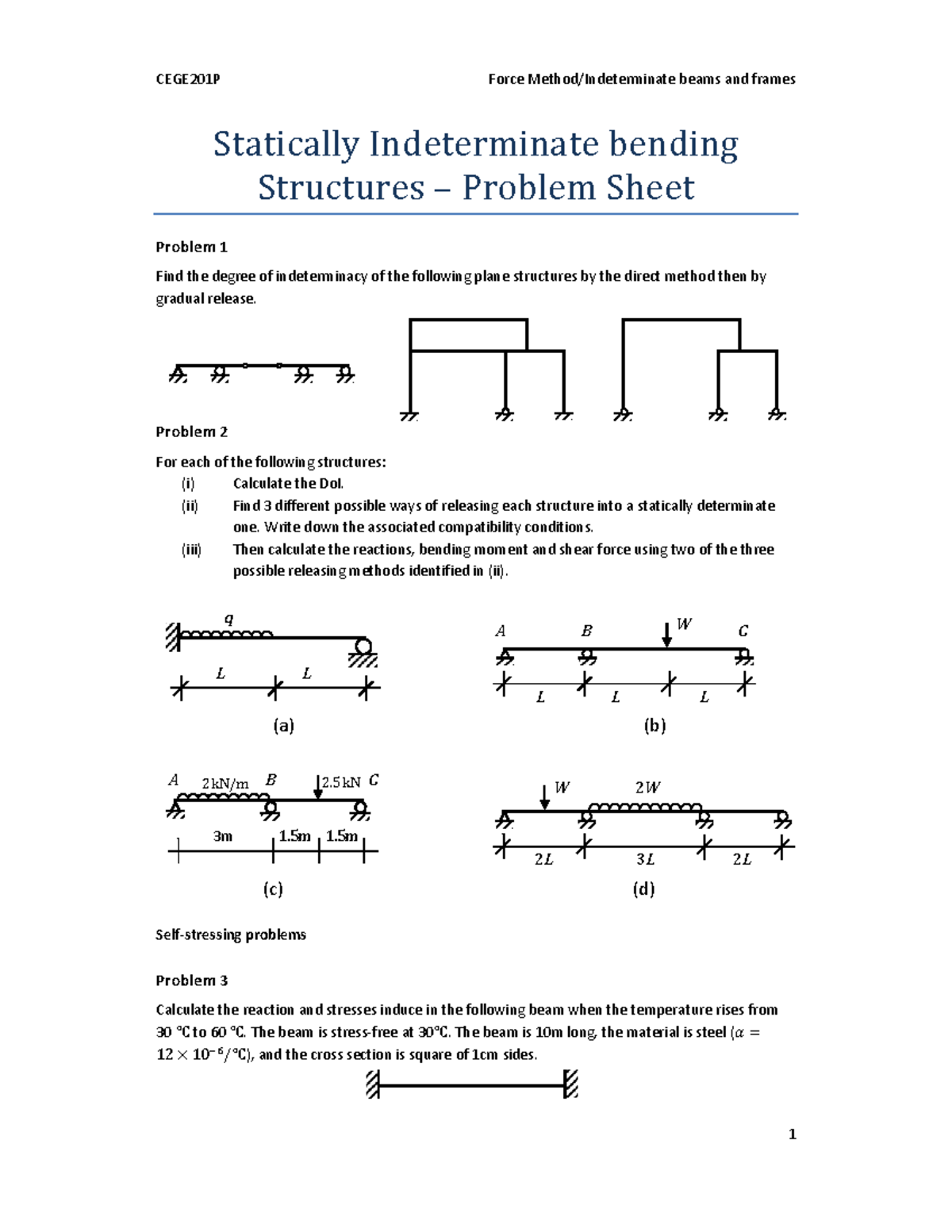 Microsoft Word - Indeterminate Beams Problem Sheet - Statically ...