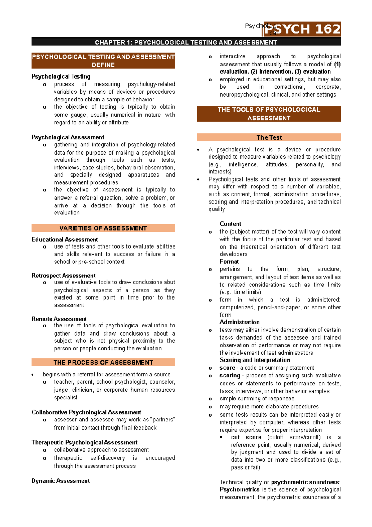 Psych Assessment Notes Psych Chapter Psychological Testing