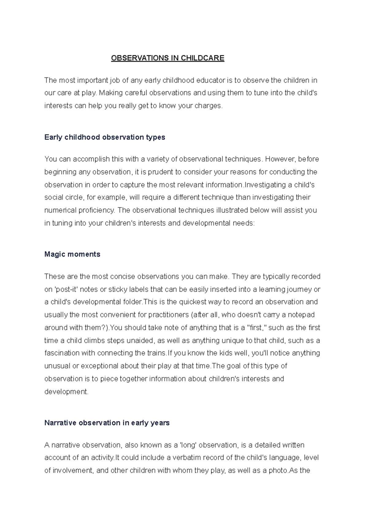 Observations IN Childcare - OBSERVATIONS IN CHILDCARE The most ...