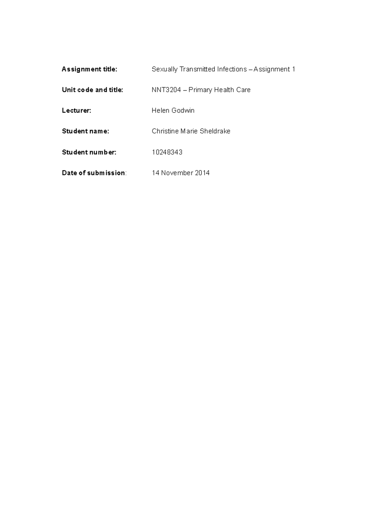 Seminar assignments - 2 - Assignment title: Sexually Transmitted ...
